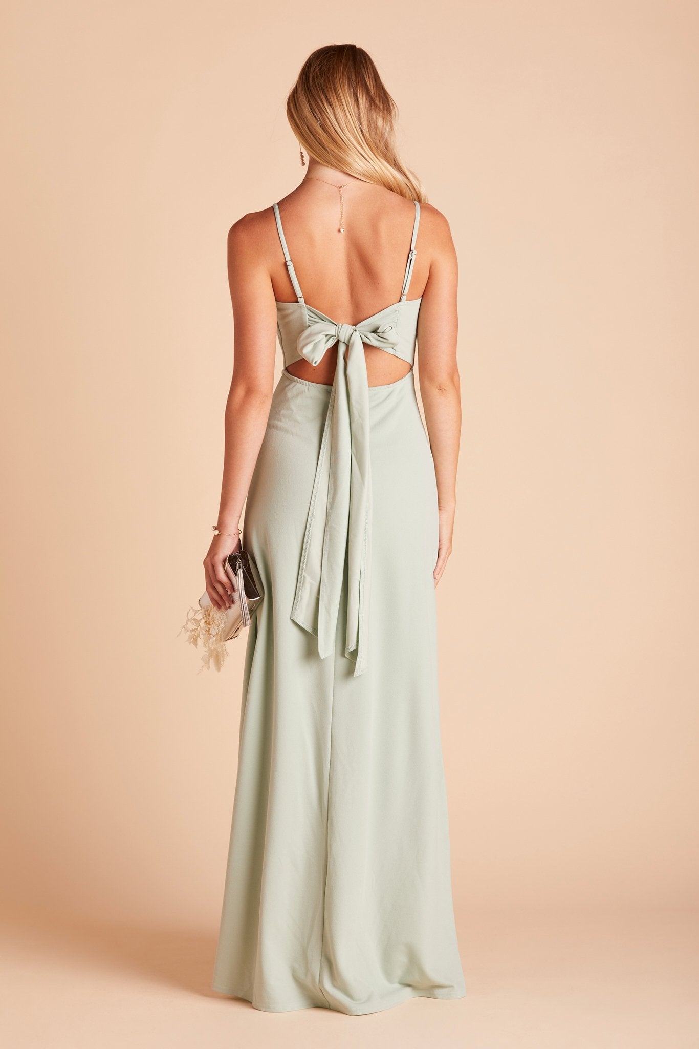 Benny bridesmaid dress in sage green crepe by Birdy Grey, back view