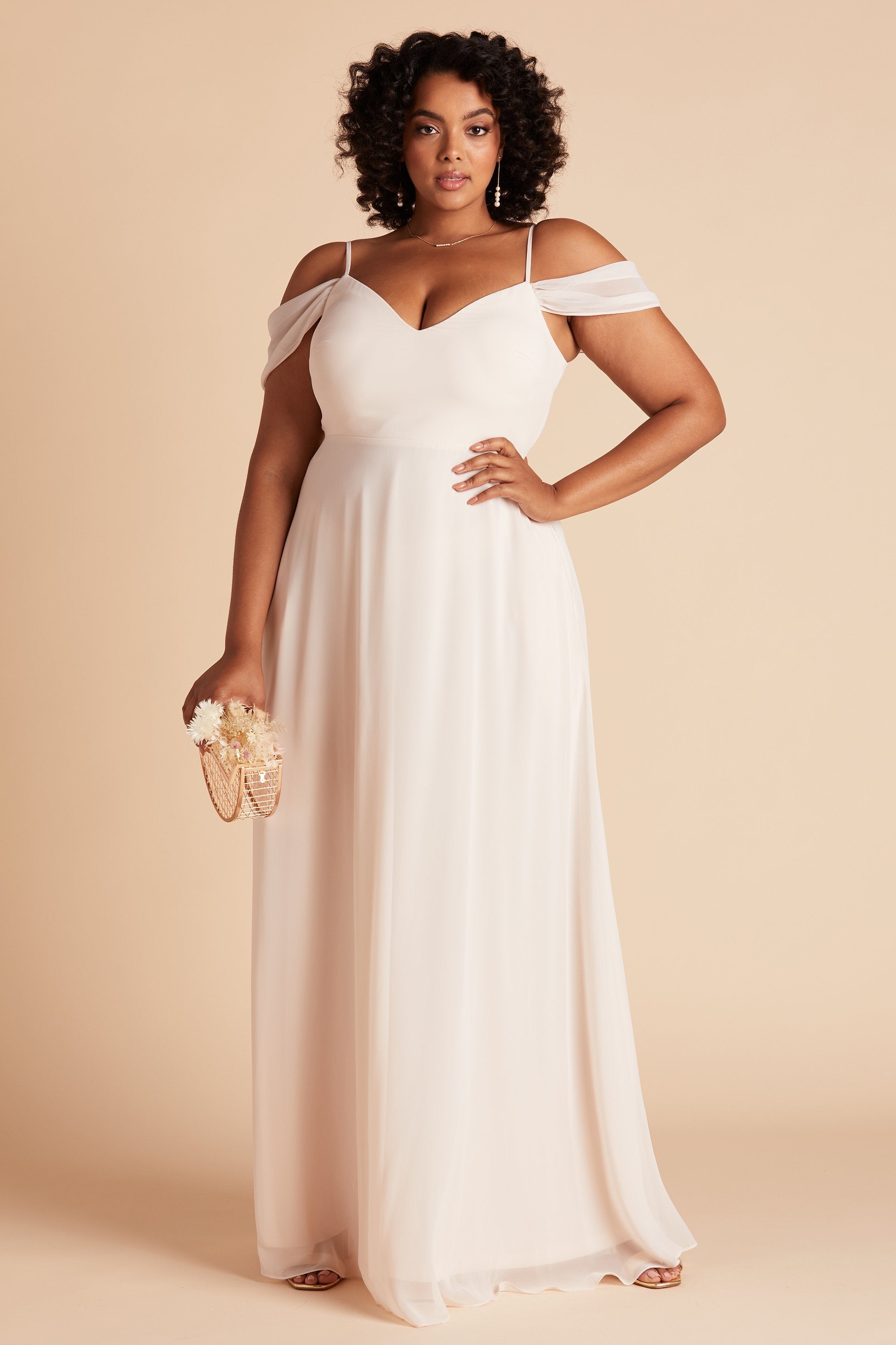 Devin convertible plus size bridesmaids dress in champagne chiffon by Birdy Grey, front view