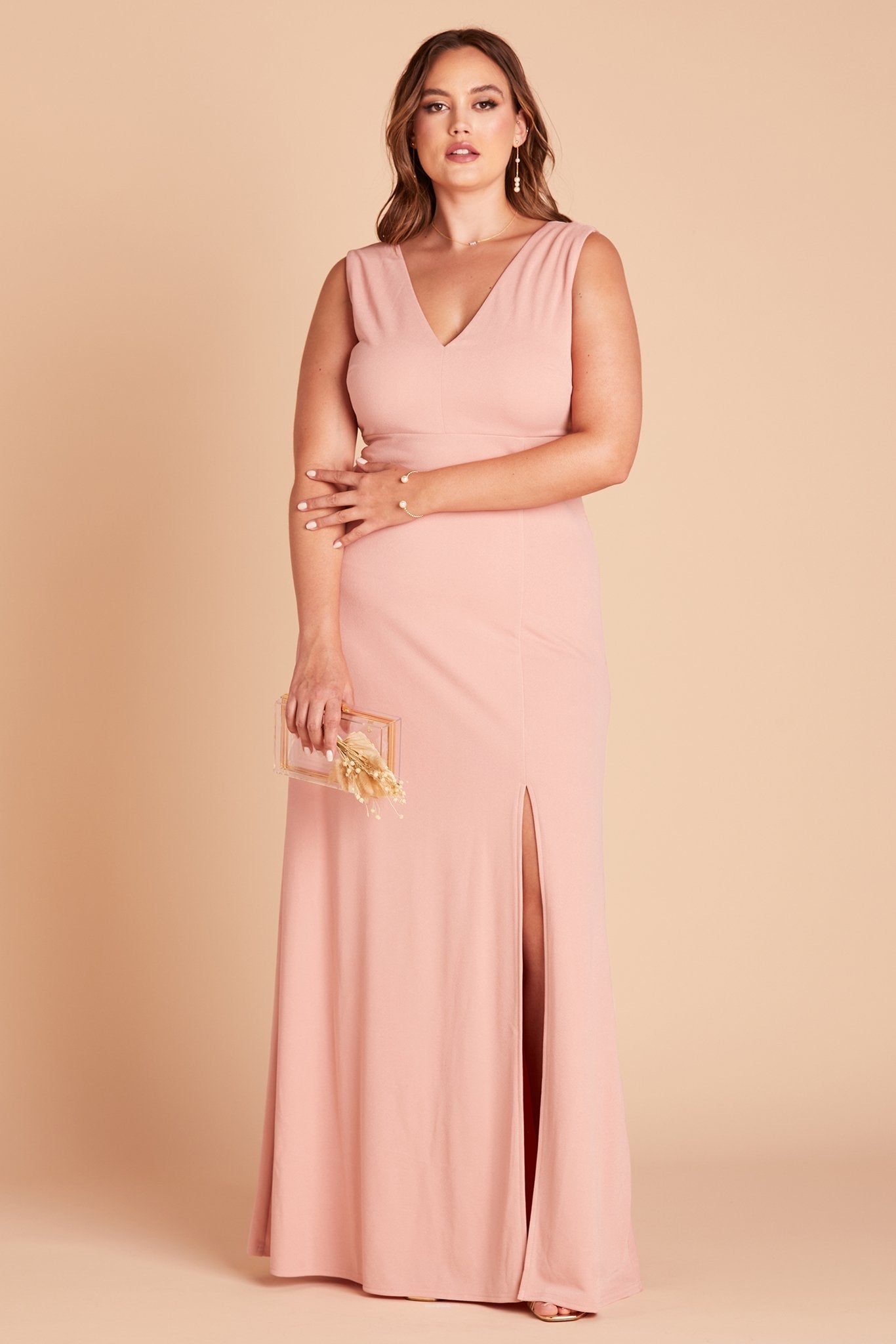 Shamin plus size bridesmaid dress with slit in rose quartz crepe by Birdy Grey, front view