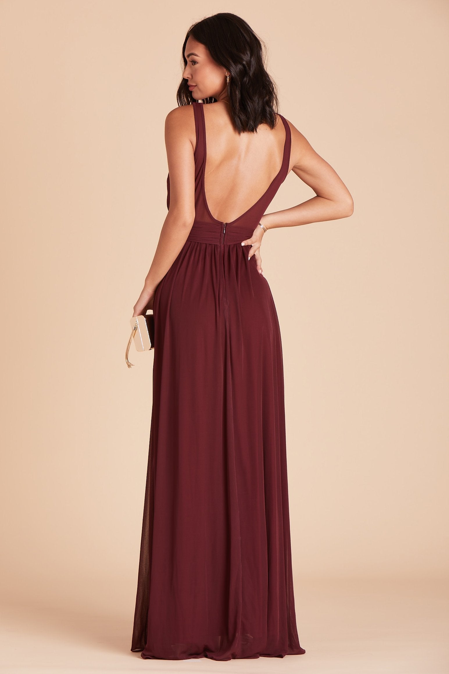 Jan bridesmaids dress in cabernet burgundy chiffon by Birdy Grey, back view