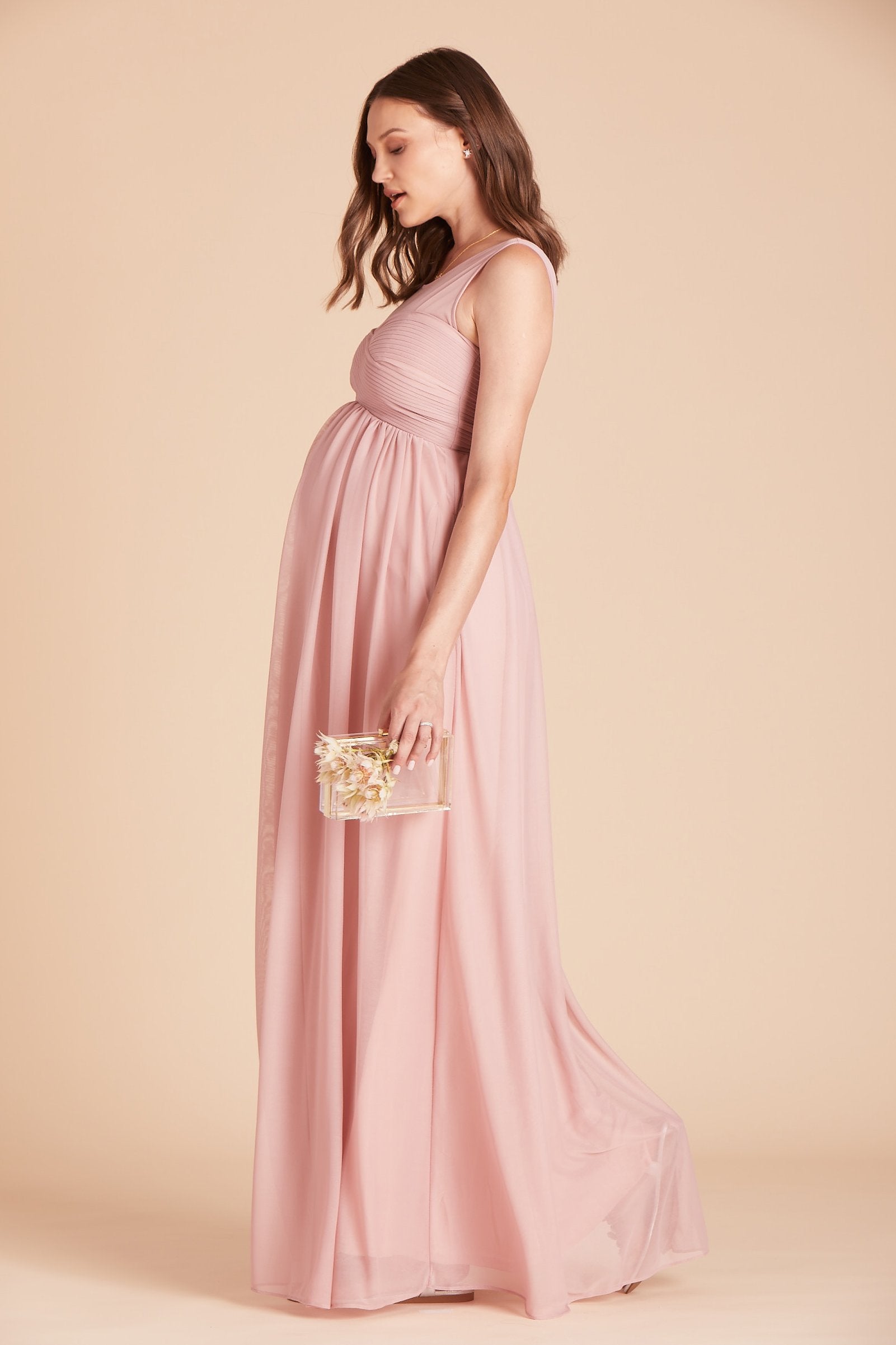 Ryan bridesmaid dress in dusty rose pink chiffon by Birdy Grey, side view