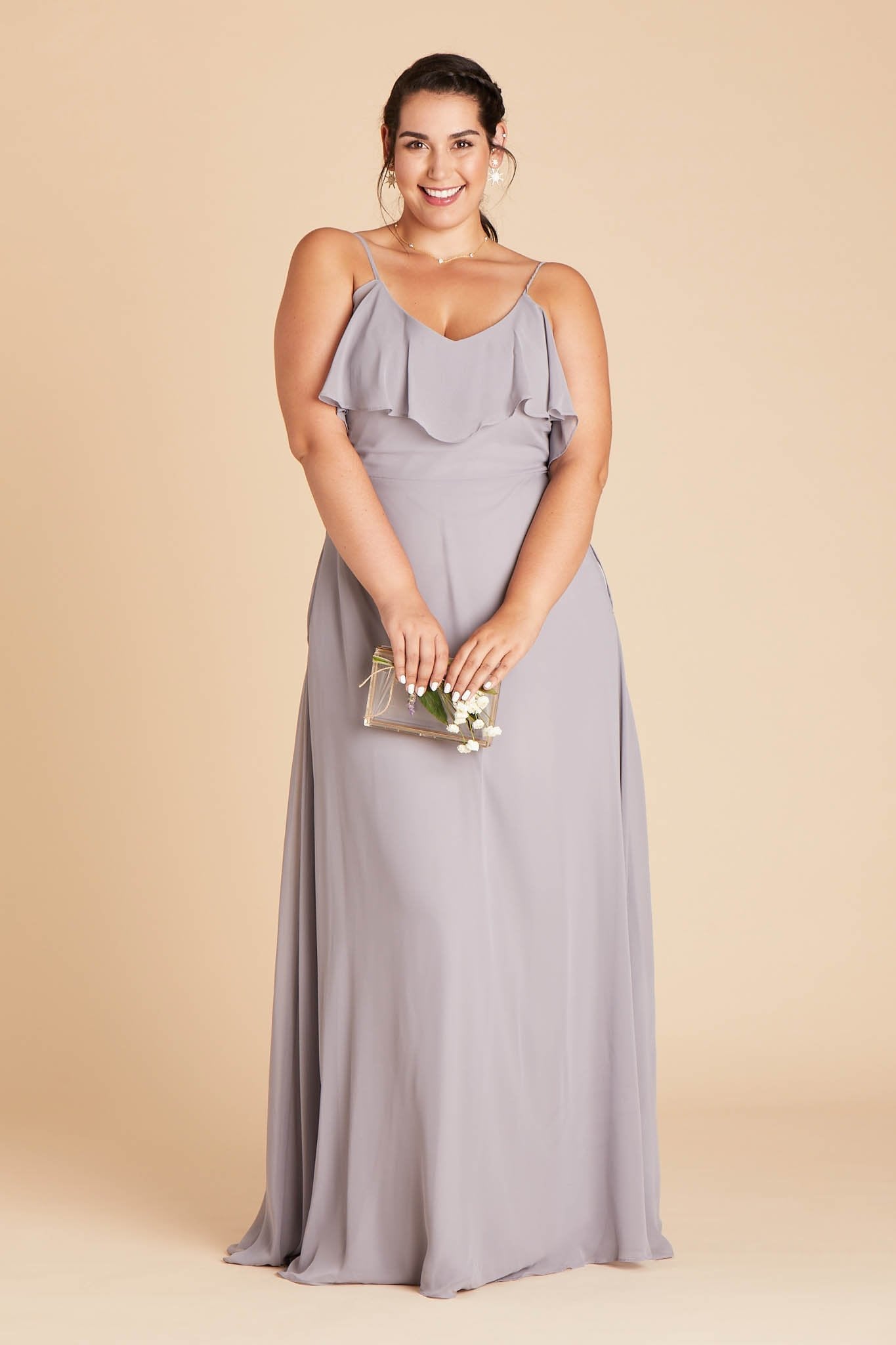 Jane convertible plus size bridesmaid dress in silver chiffon by Birdy Grey, front view