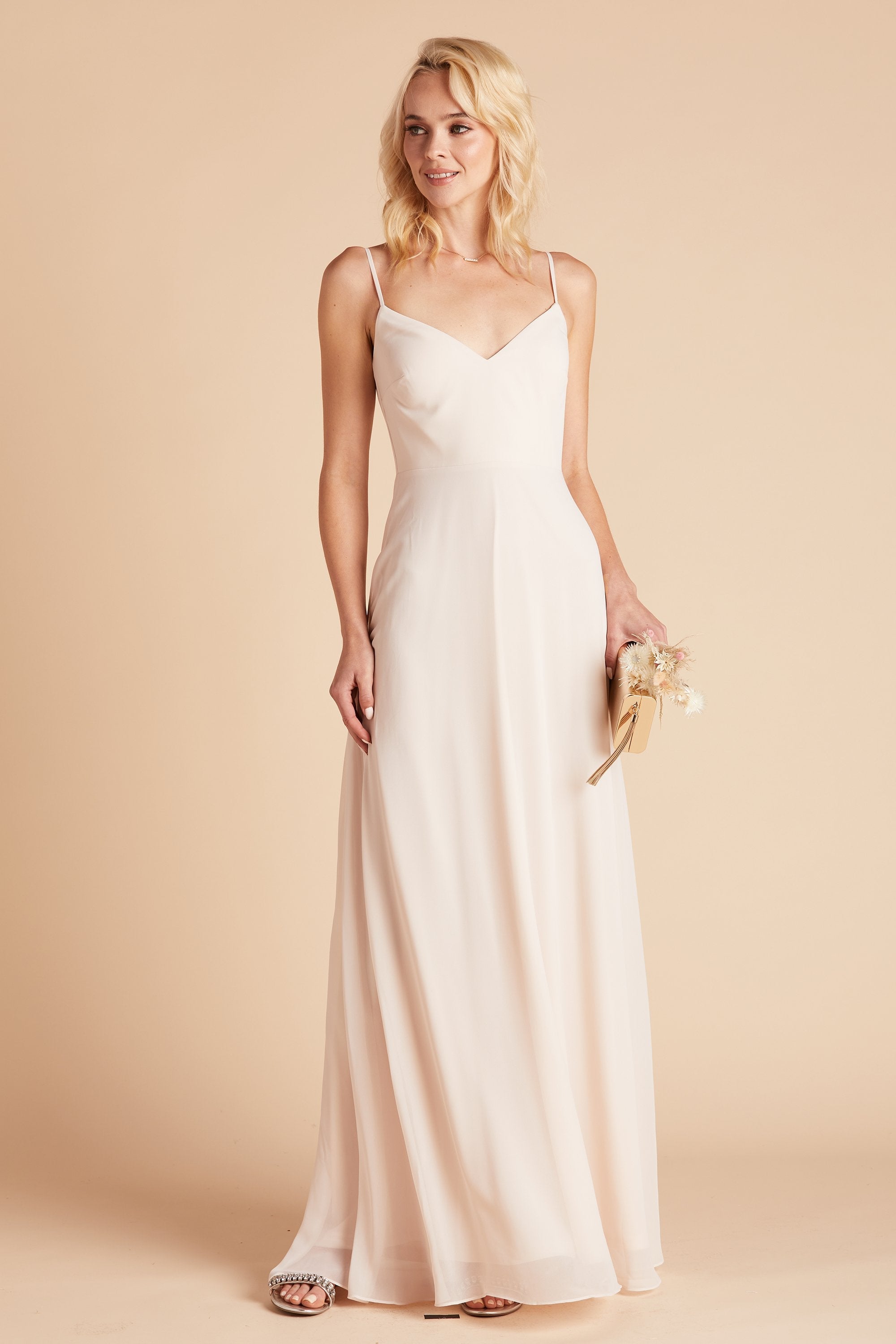 Devin convertible bridesmaids dress in champagne chiffon by Birdy Grey, front view