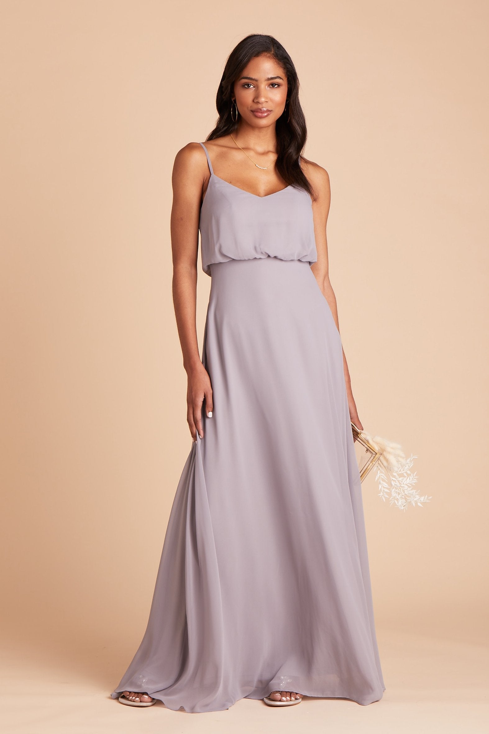 Gwennie bridesmaid dress in silver chiffon by Birdy Grey, front view