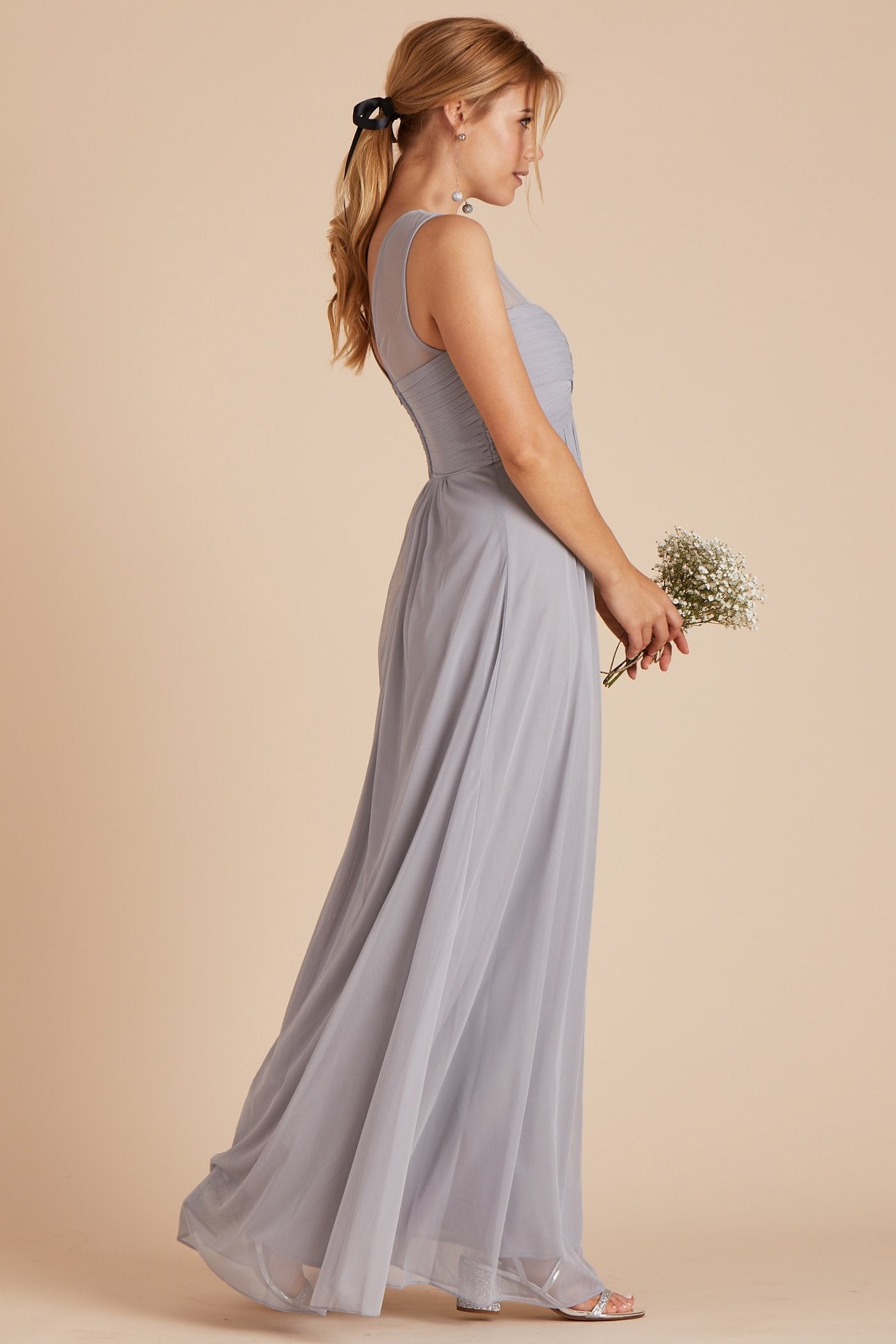 Ryan bridesmaid dress in silver chiffon by Birdy Grey, side view