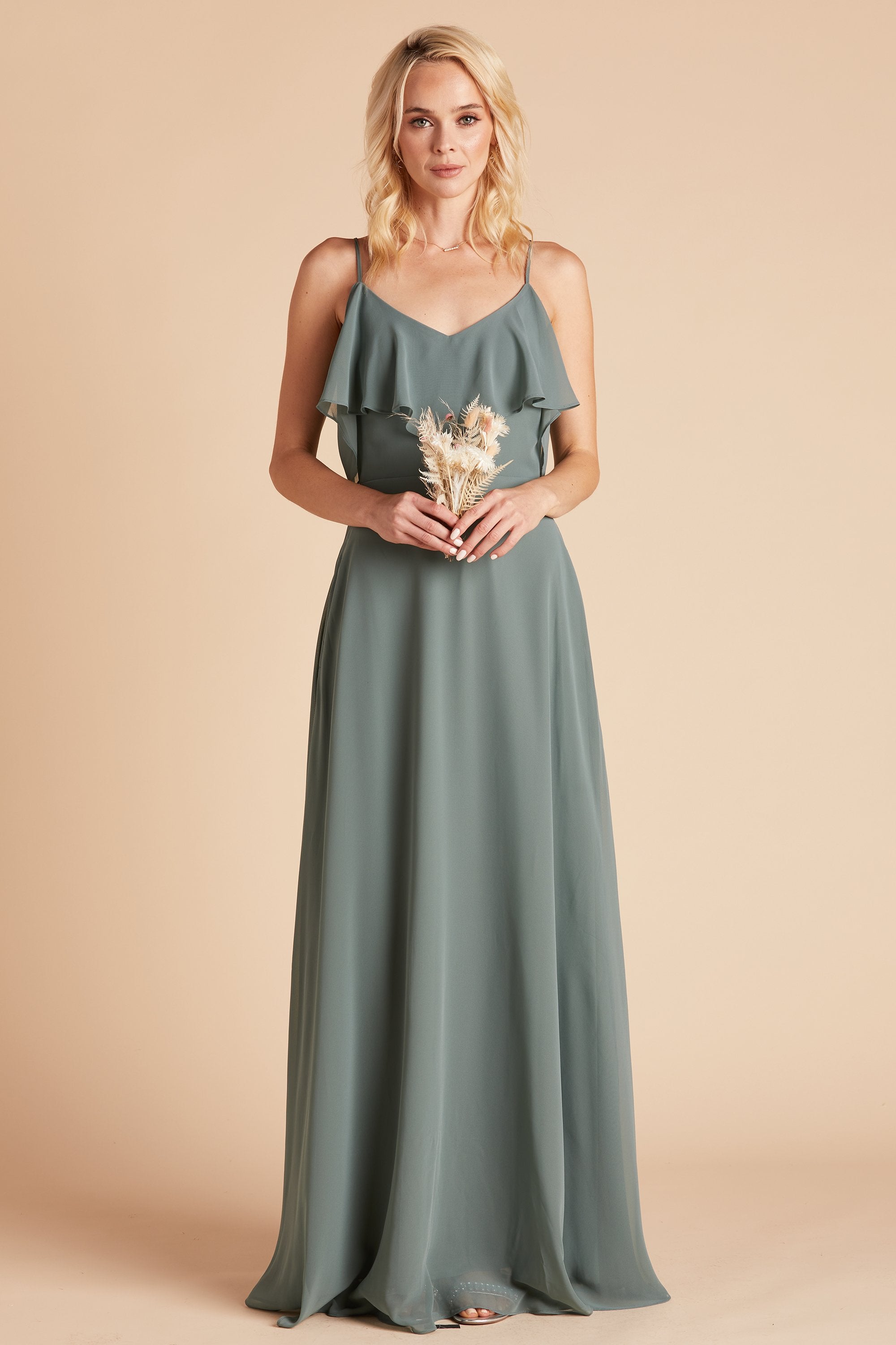 Jane convertible bridesmaid dress in sea glass green chiffon by Birdy Grey, front view