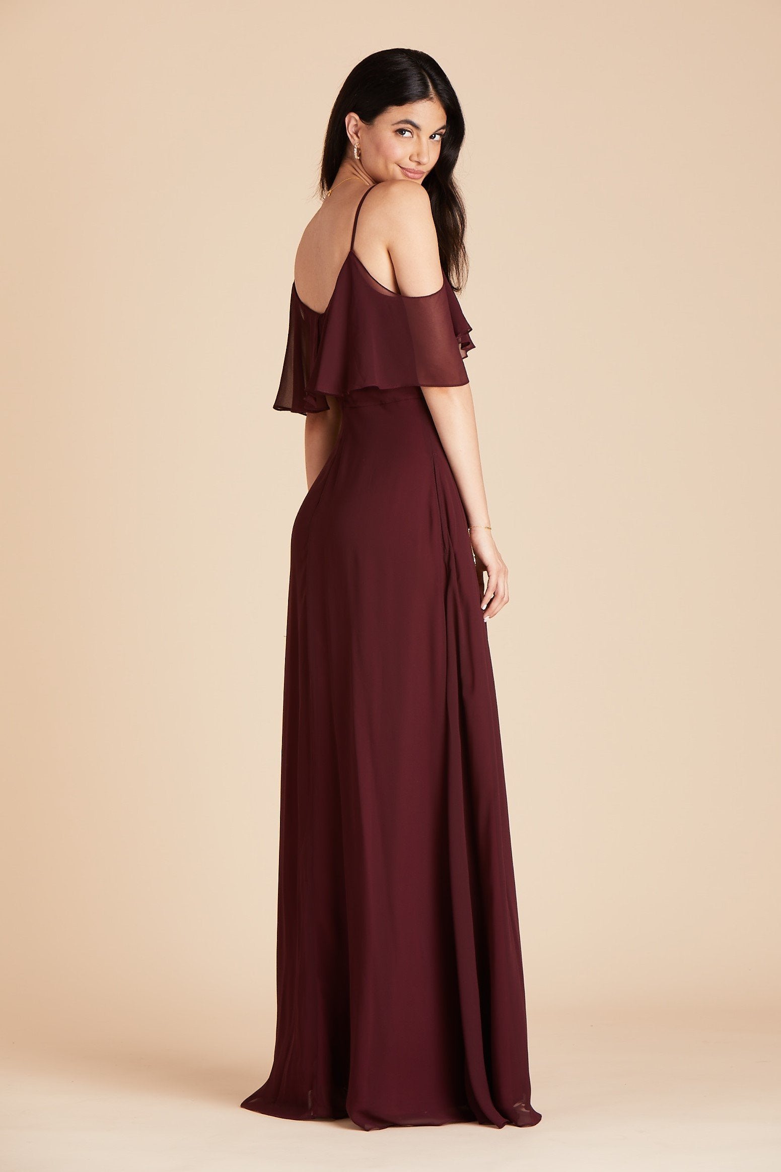 Jane convertible bridesmaid dress with slit in cabernet burgundy chiffon by Birdy Grey, side view