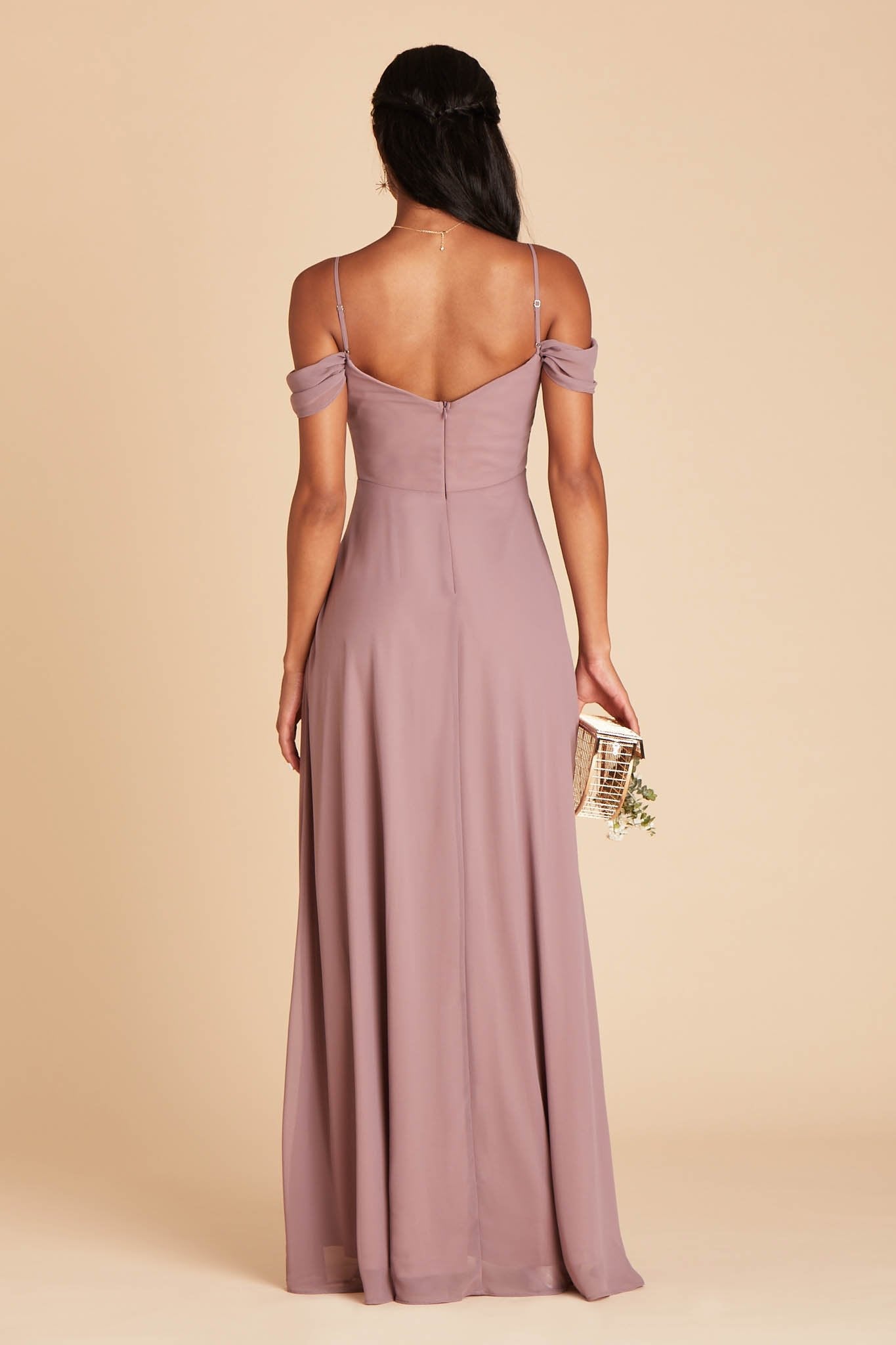 Devin convertible bridesmaid dress in dark mauve chiffon by Birdy Grey, back view