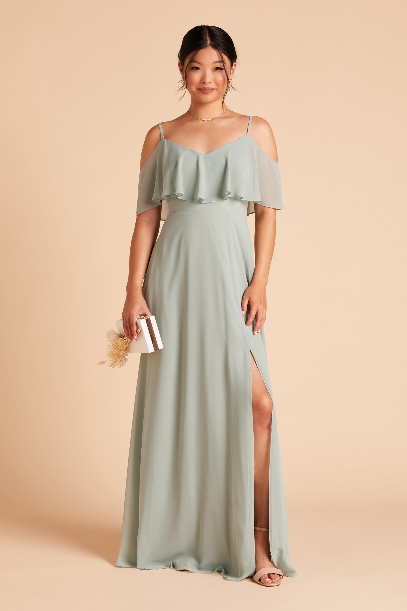 Jane convertible bridesmaid dress with slit in sage green chiffon by Birdy Grey, front view