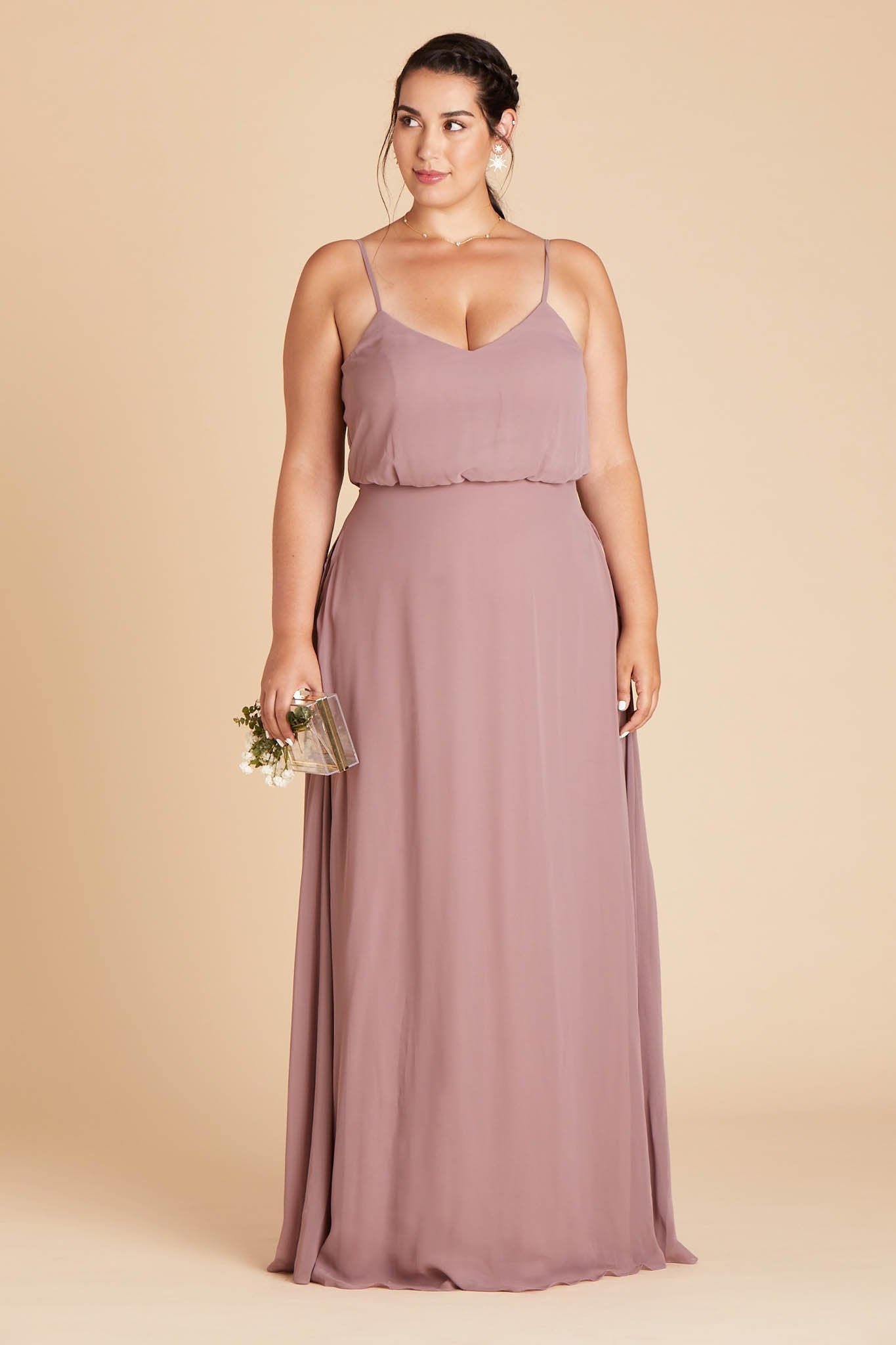 Gwennie plus size bridesmaid dress in dark mauve chiffon by Birdy Grey, front view