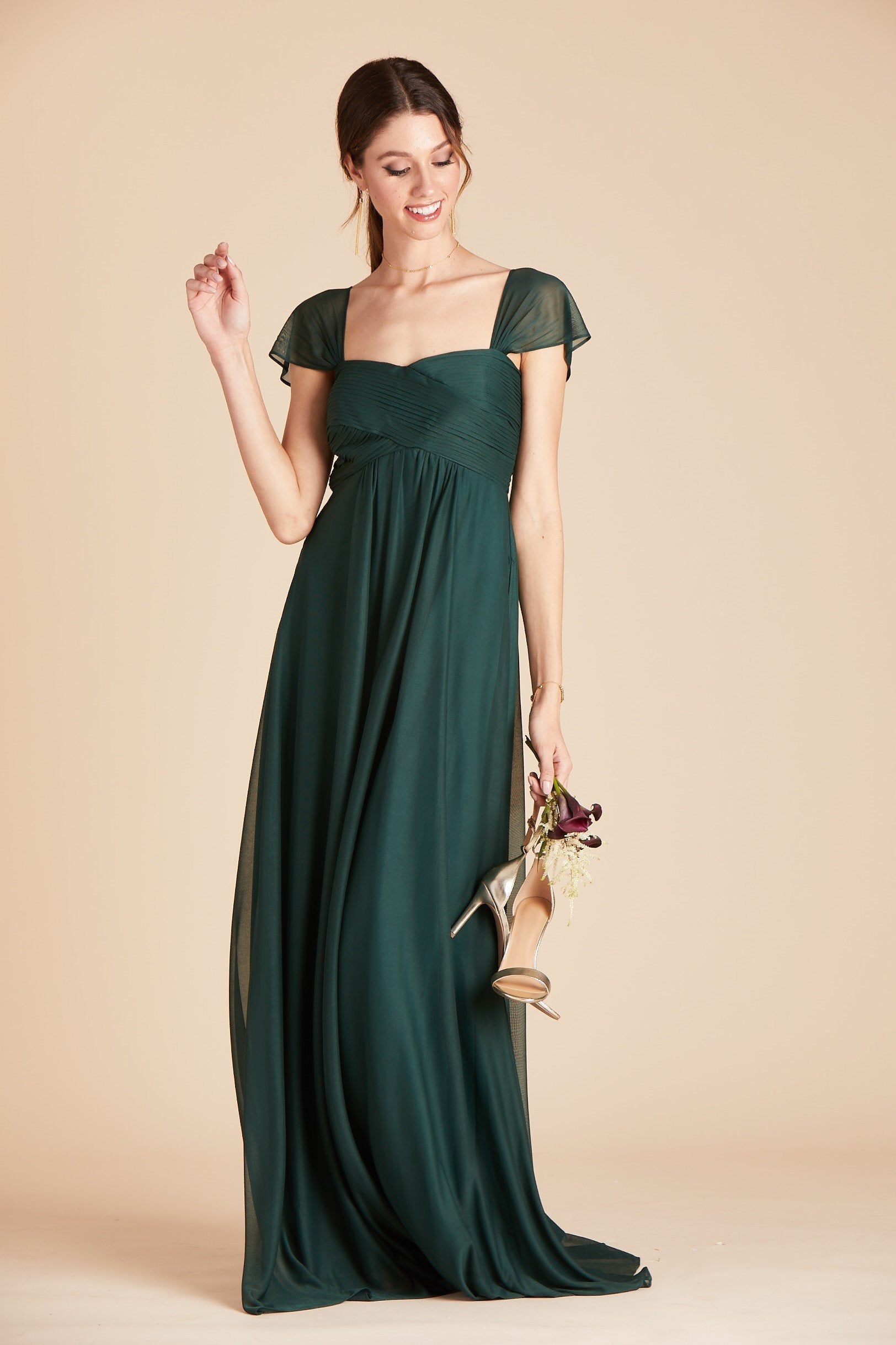 Maria convertible plus size bridesmaids dress in emerald green chiffon by Birdy Grey, front view