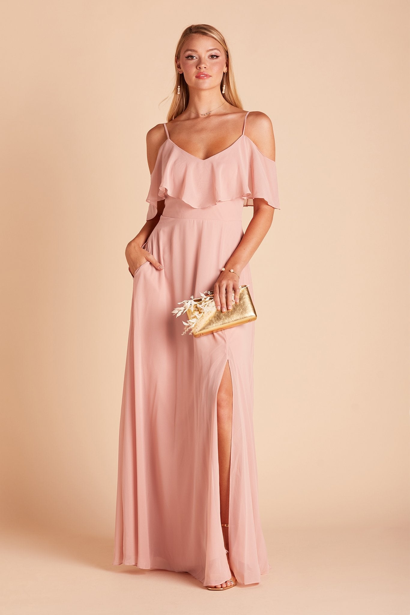 Jane convertible bridesmaid dress with slit in dusty rose chiffon by Birdy Grey, front view