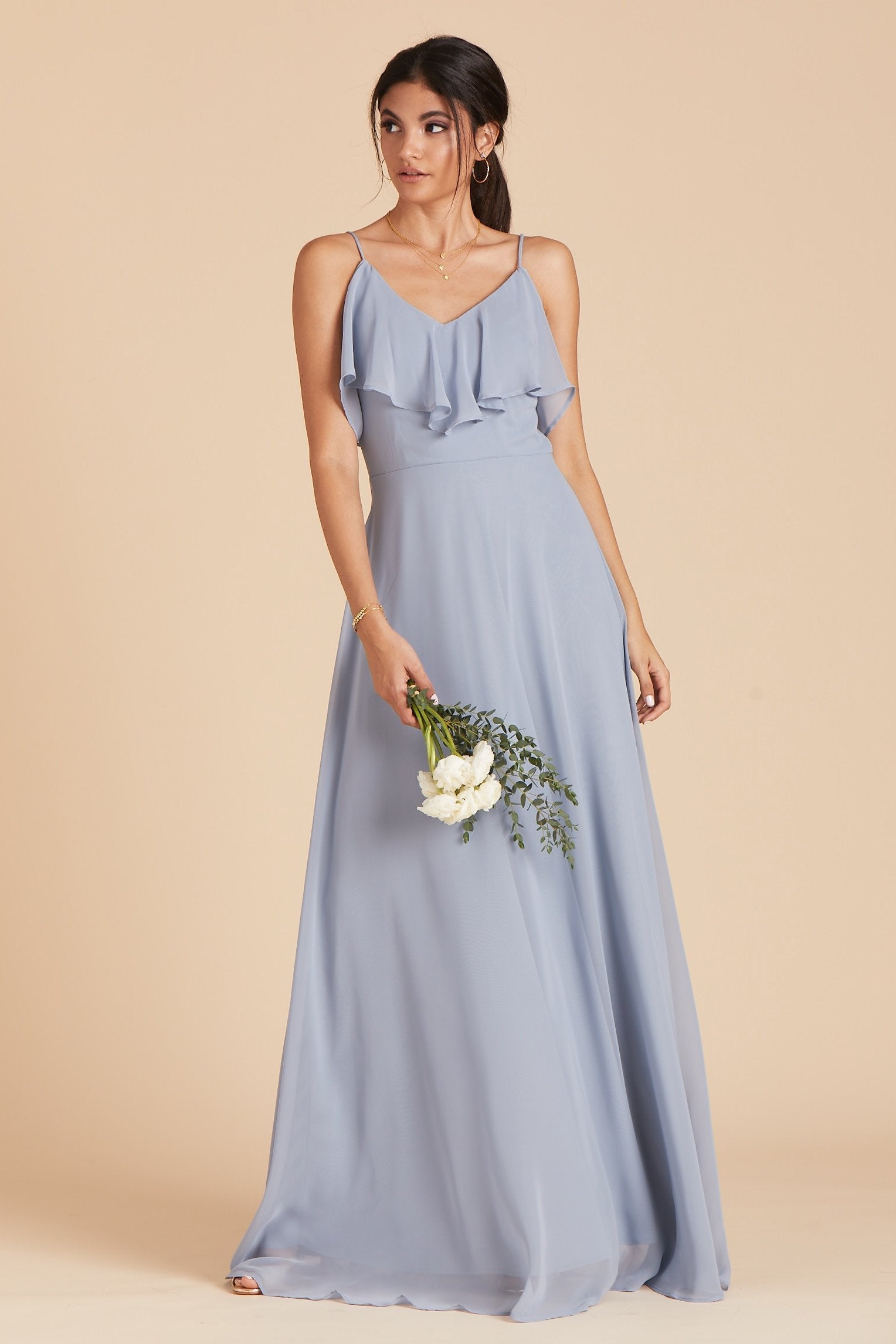 Jane convertible bridesmaid dress in dusty blue chiffon by Birdy Grey, front view