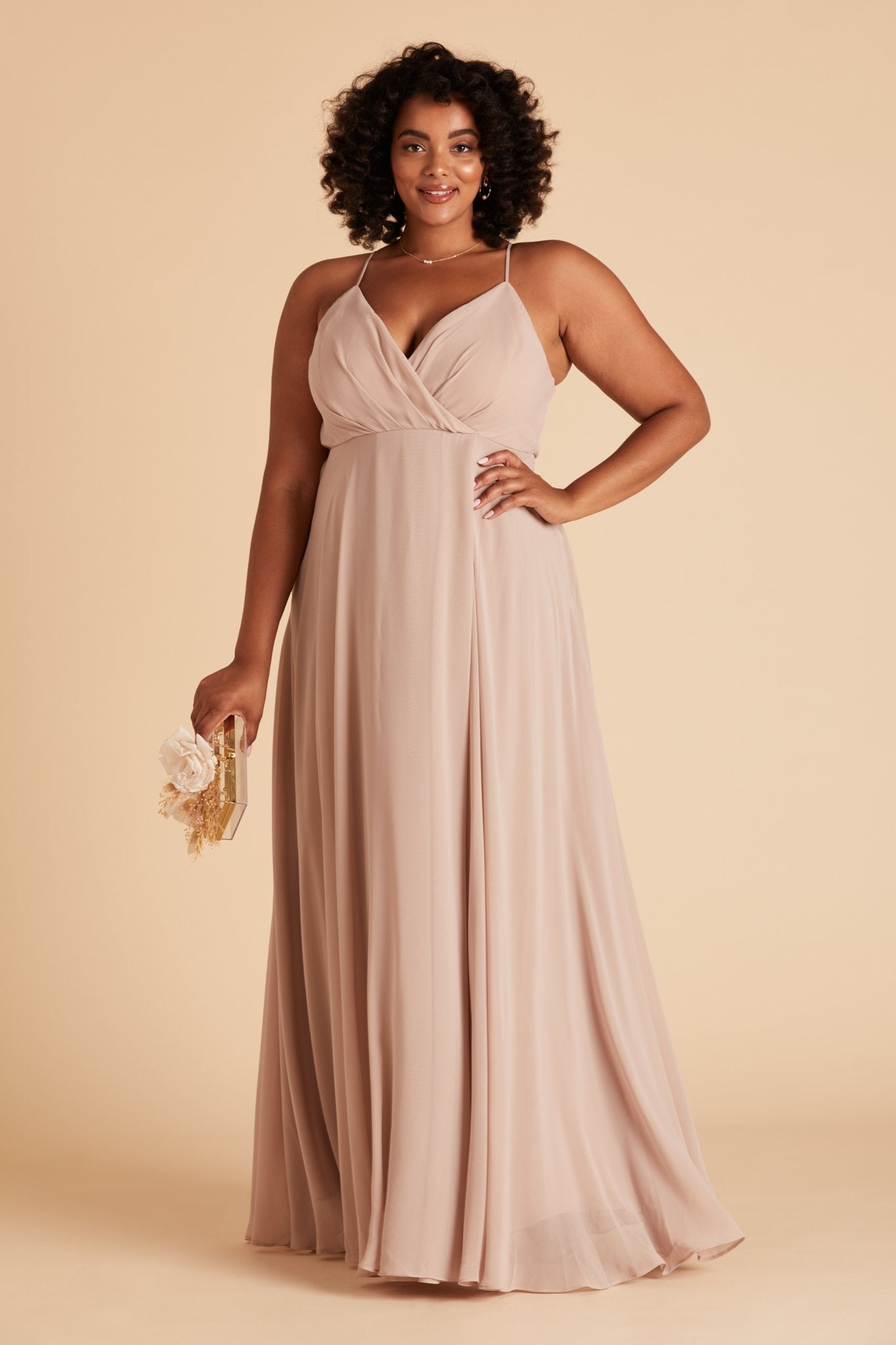 Kaia plus size bridesmaids dress in taupe chiffon by Birdy Grey, front view