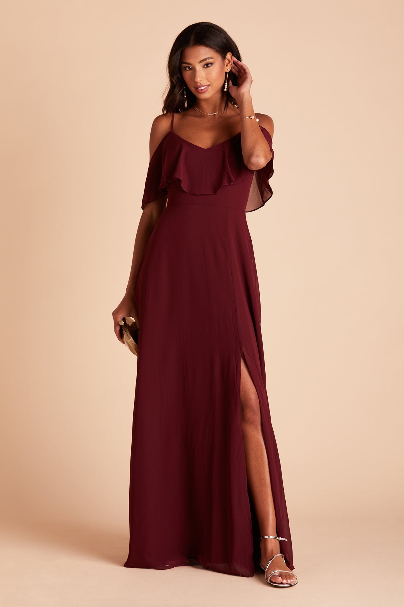 Jane convertible bridesmaid dress with slit in cabernet burgundy chiffon by Birdy Grey, front view