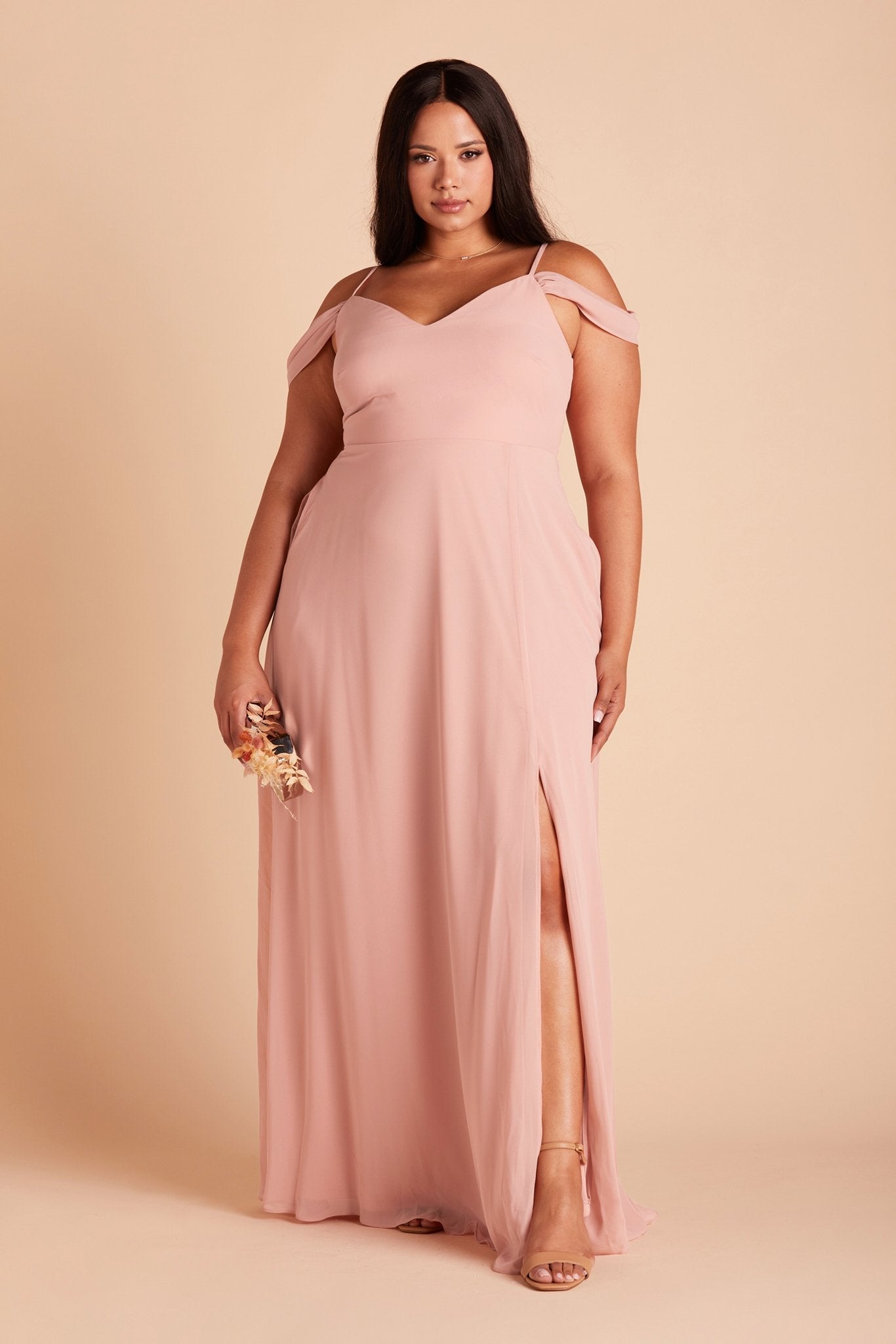 Devin convertible plus size bridesmaids dress with slit in dusty rose chiffon by Birdy Grey, front view