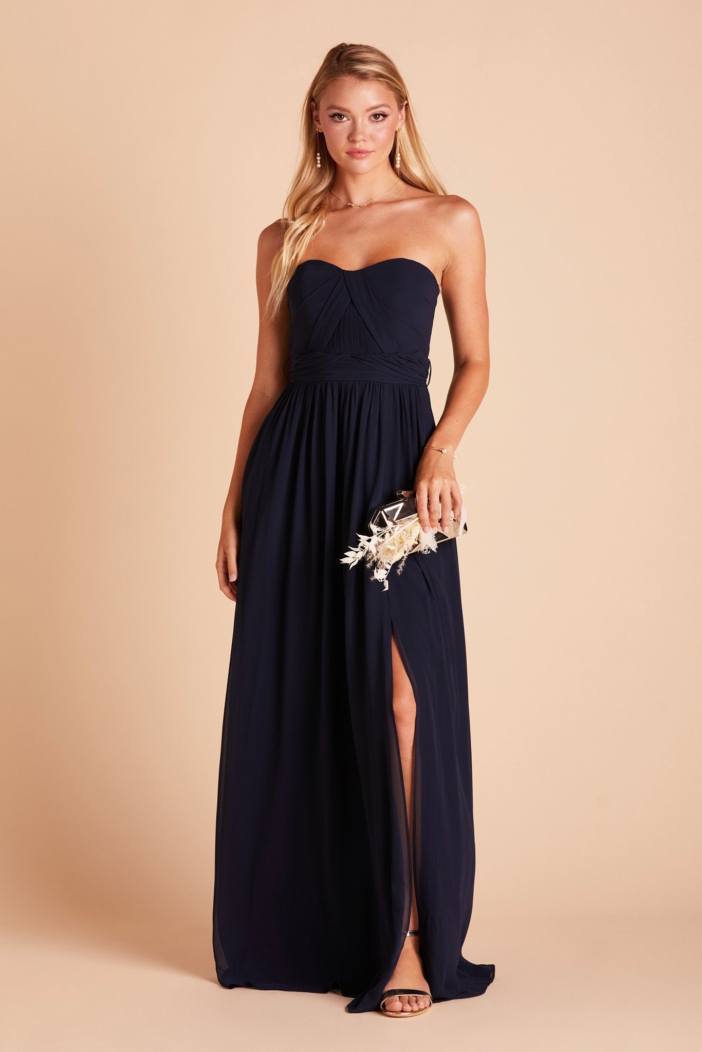 Grace convertible bridesmaid dress in navy blue chiffon with slit by Birdy Grey, front view