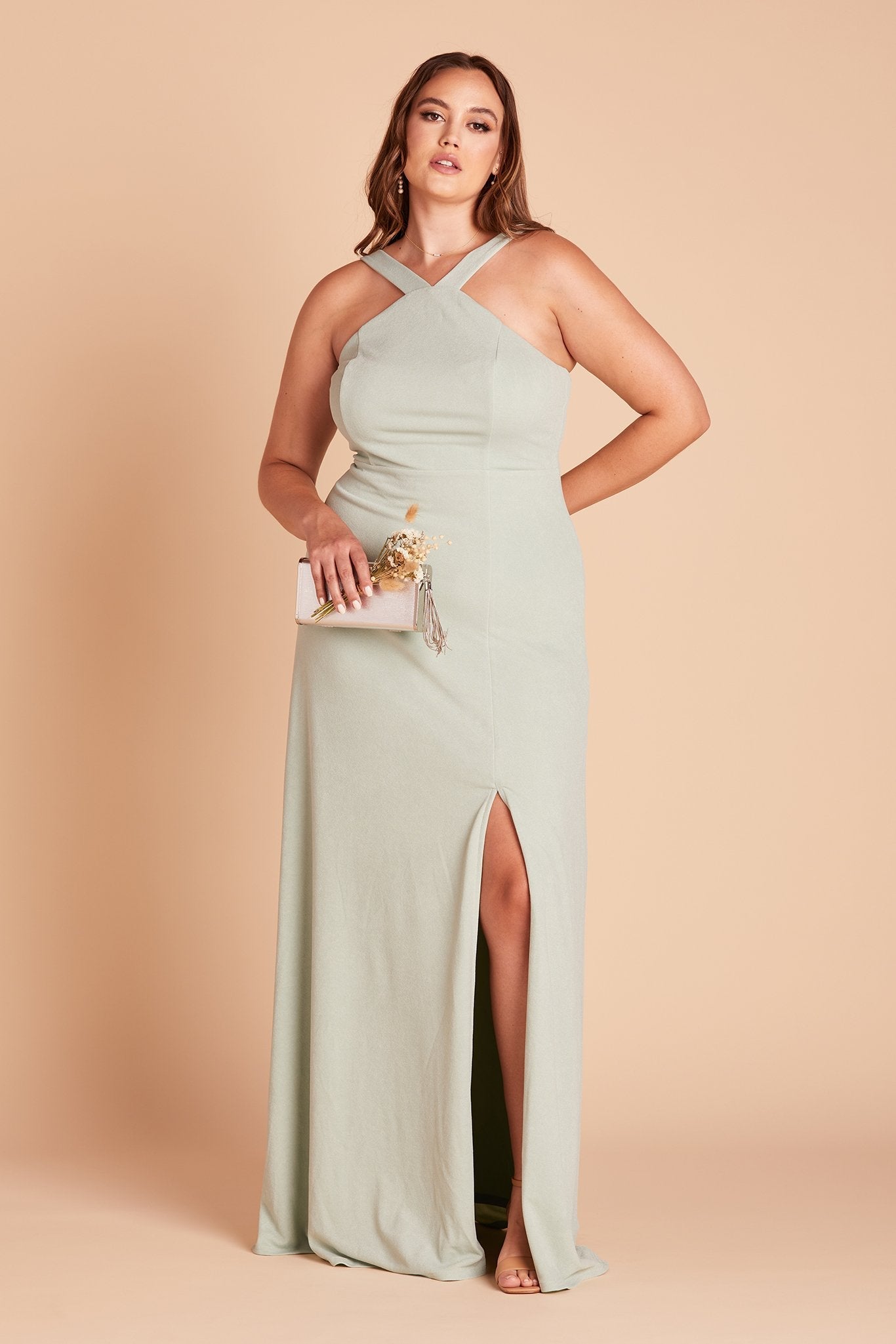 Gene plus size bridesmaid dress with slit in sage green crepe by Birdy Grey, front view