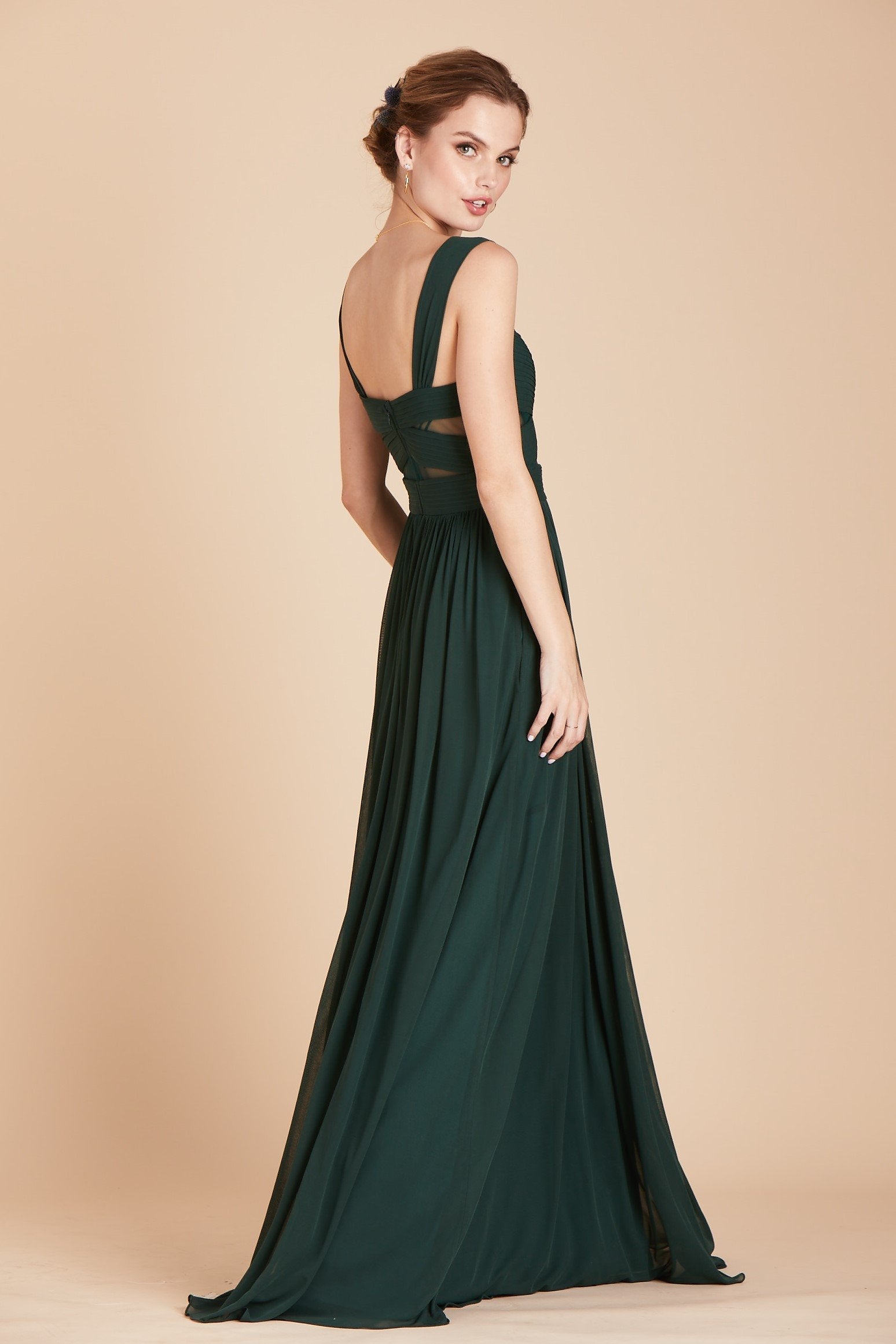 Elsye bridesmaid dress in emerald green chiffon by Birdy Grey, side view