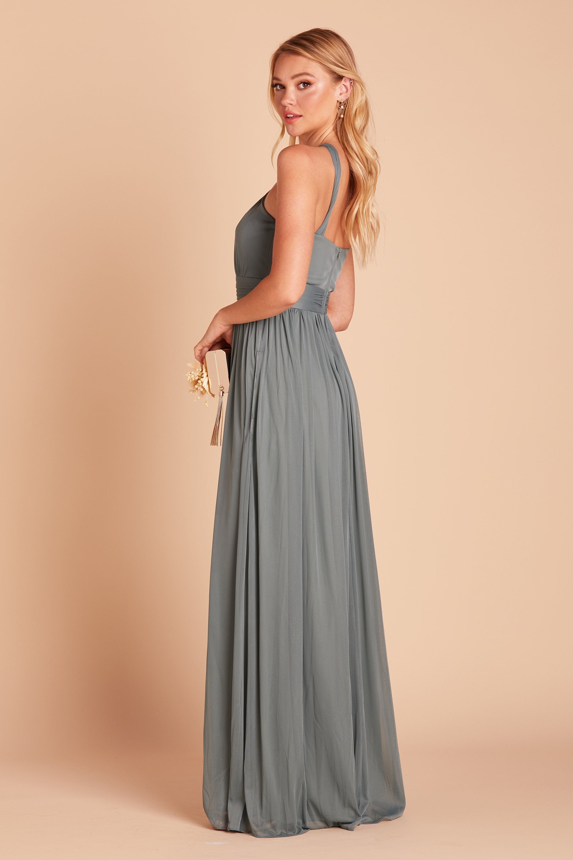 Kiko bridesmaid dress in sea glass green chiffon by Birdy Grey, side view