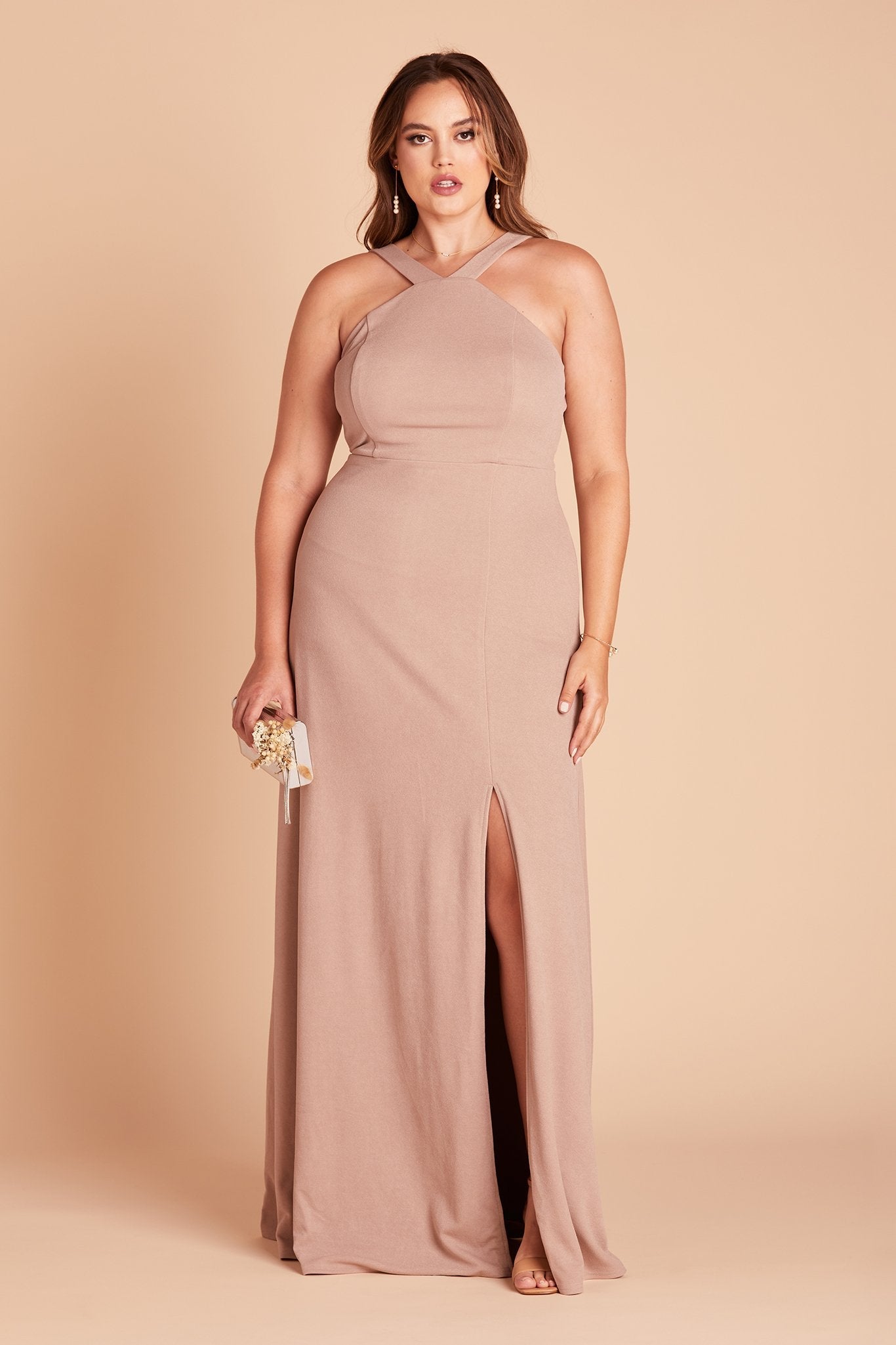 Gene plus size bridesmaid dress with slit in taupe crepe by Birdy Grey, front view