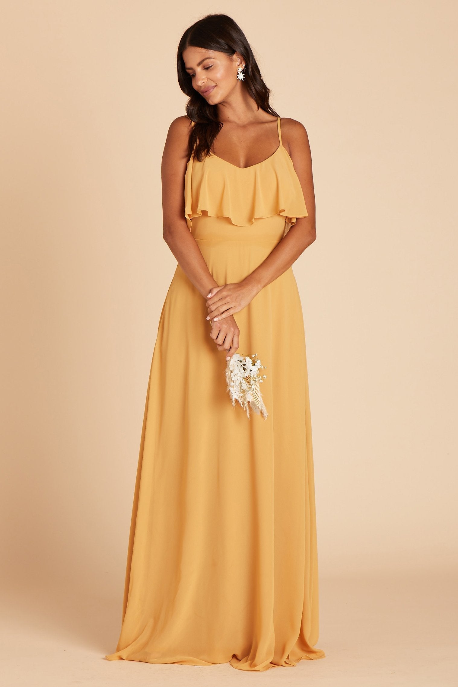 Jane convertible bridesmaid dress in marigold chiffon by Birdy Grey, front view