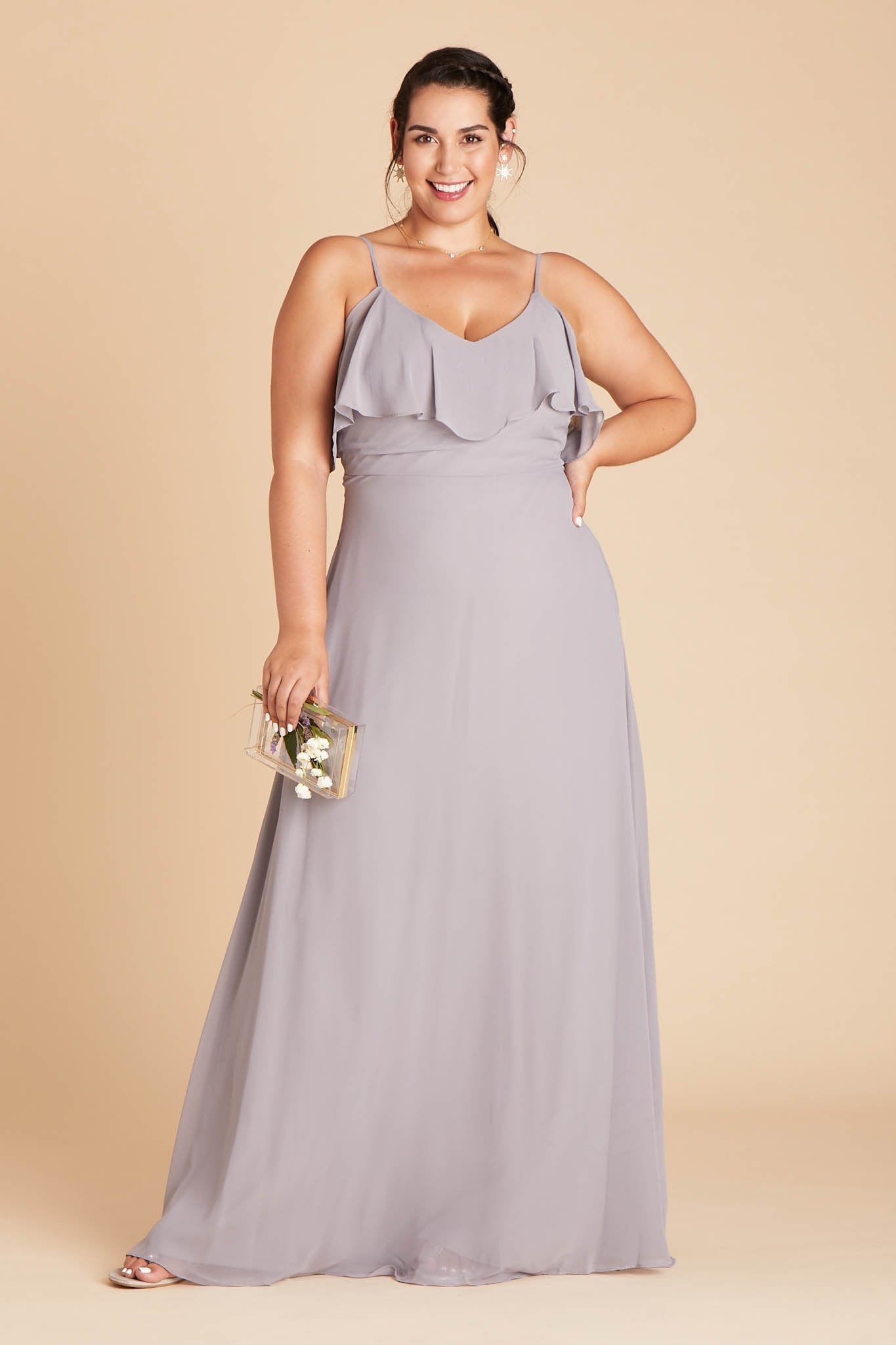 Jane convertible plus size bridesmaid dress in silver chiffon by Birdy Grey, front view