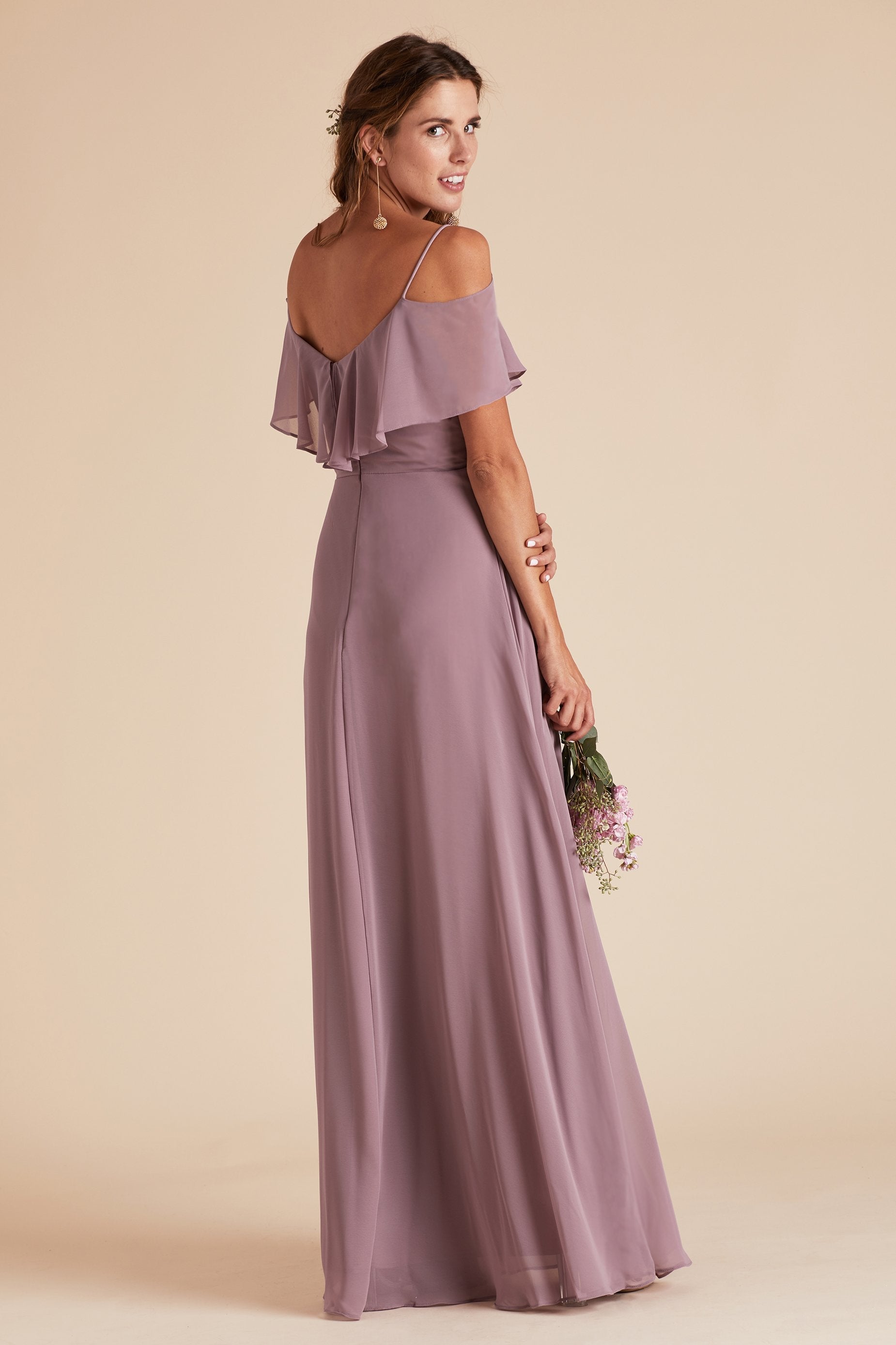 Jane convertible bridesmaid dress in dark mauve chiffon by Birdy Grey, side view