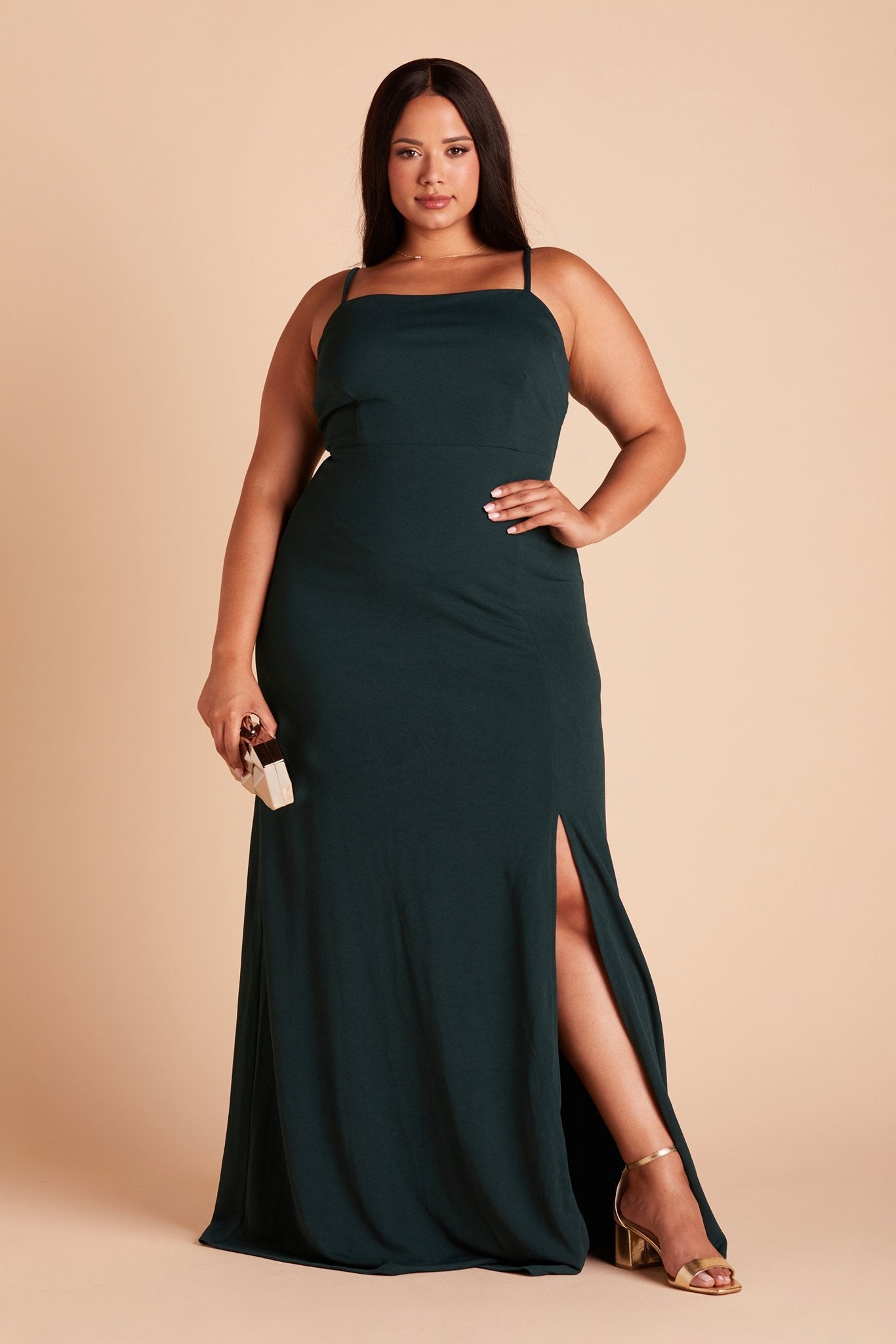 Benny plus size bridesmaid dress with slit in emerald green crepe by Birdy Grey, front view