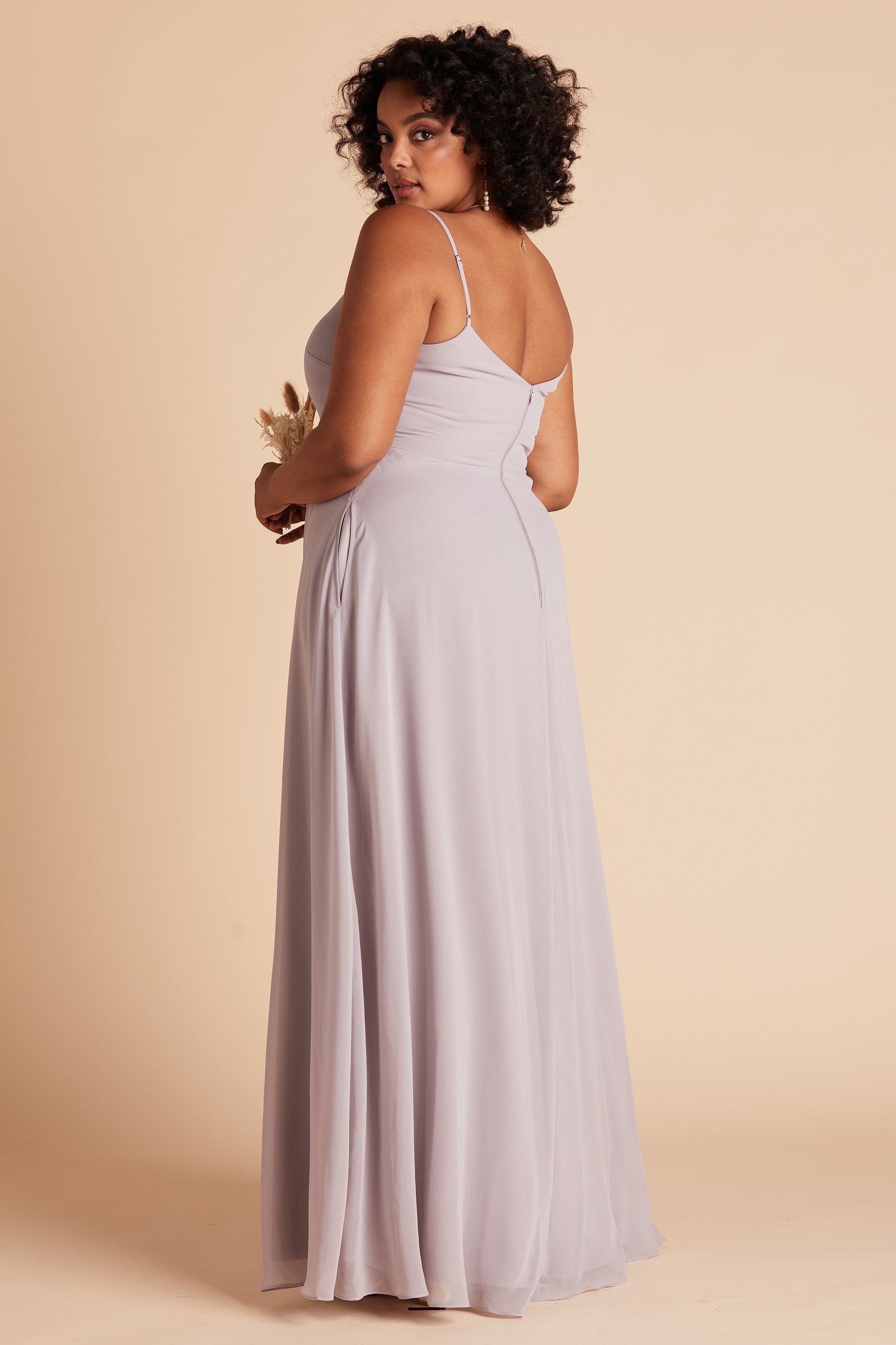 Devin convertible plus size bridesmaids dress in lilac purple chiffon by Birdy Grey, side view