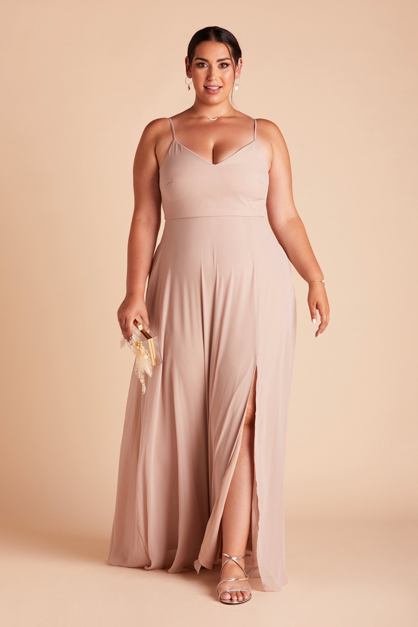 Devin convertible plus size bridesmaids dress with slit in taupe chiffon by Birdy Grey, front view