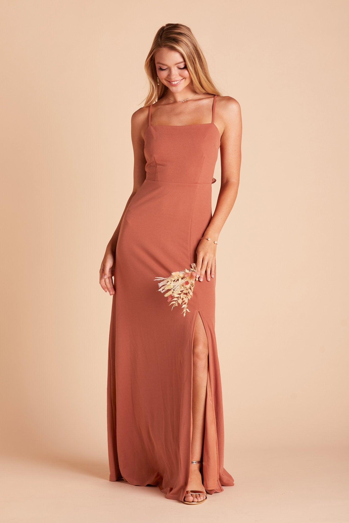 Benny bridesmaid dress with slit in terracotta crepe by Birdy Grey, front view