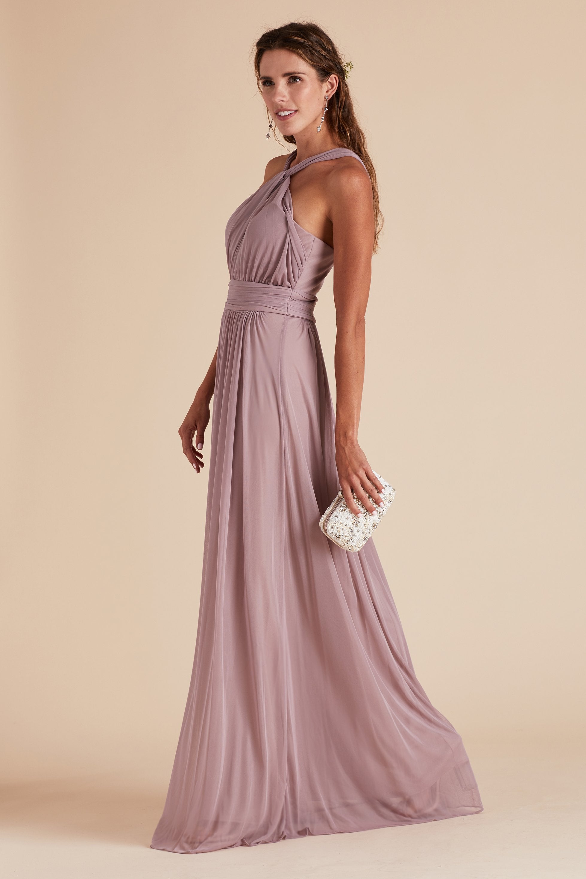 Kiko bridesmaid dress in mauve pink chiffon by Birdy Grey, side view