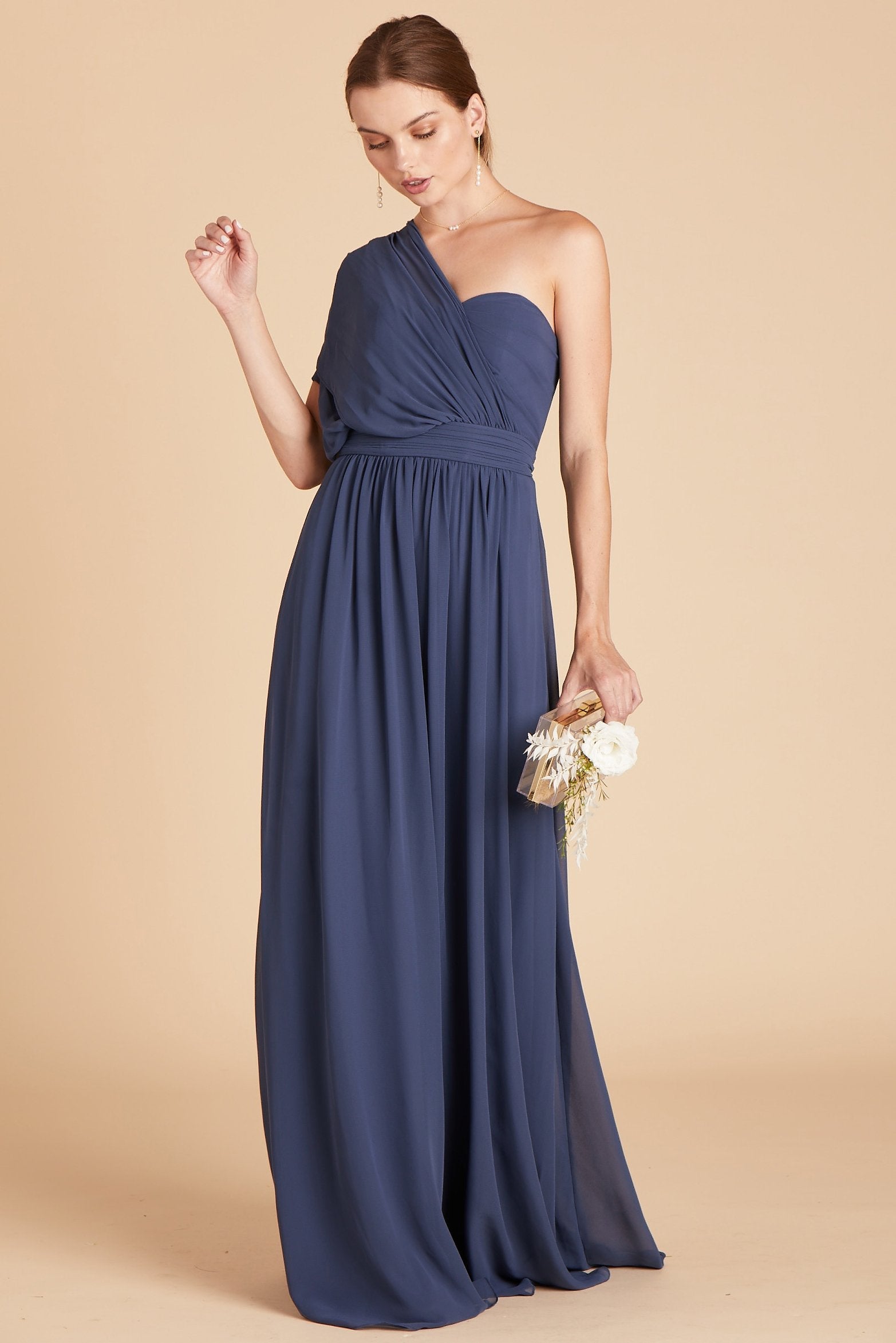 Grace convertible bridesmaid dress in slate blue chiffon by Birdy Grey, front view