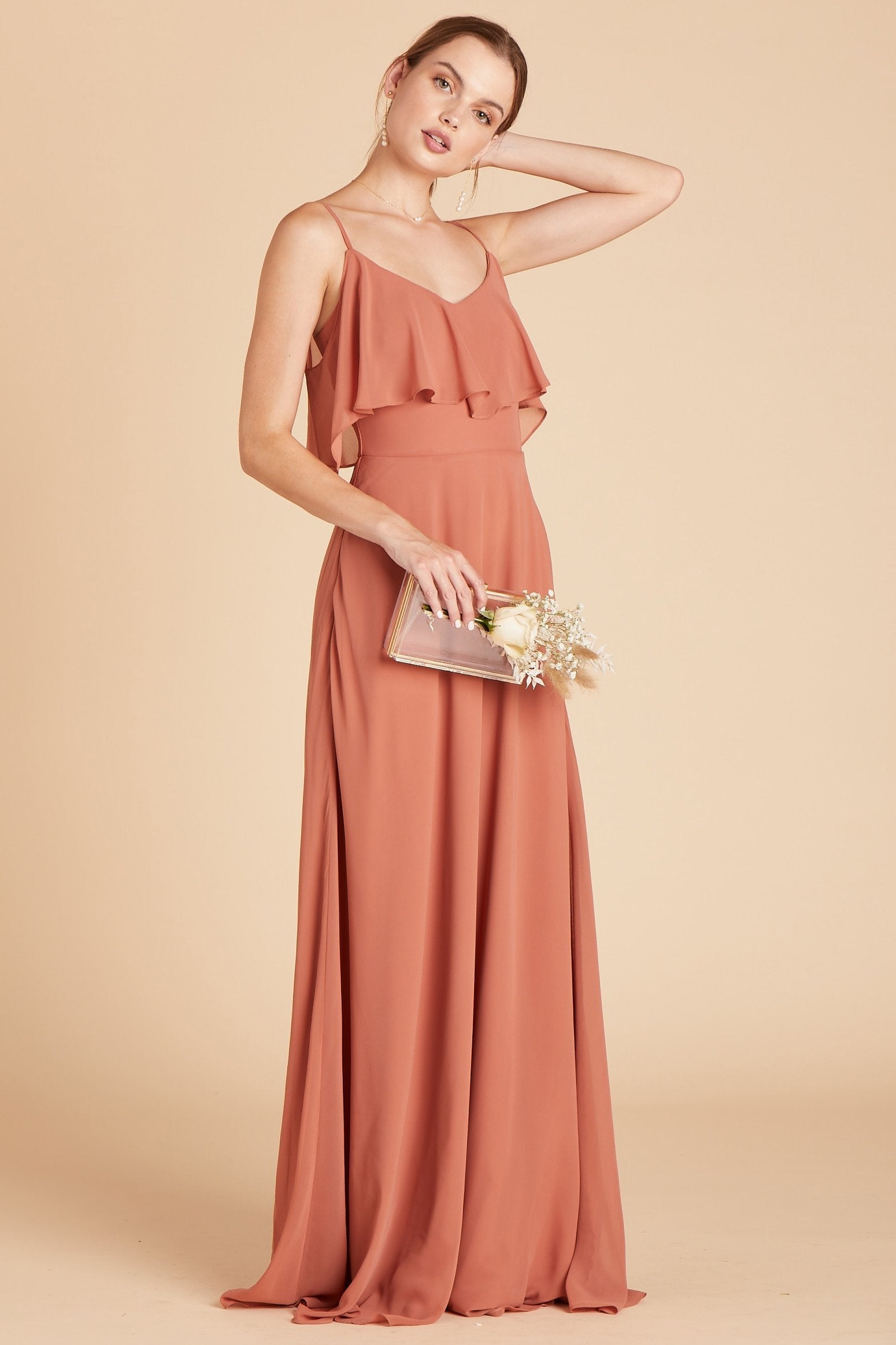 Jane convertible bridesmaid dress in terracotta orange chiffon by Birdy Grey, side view