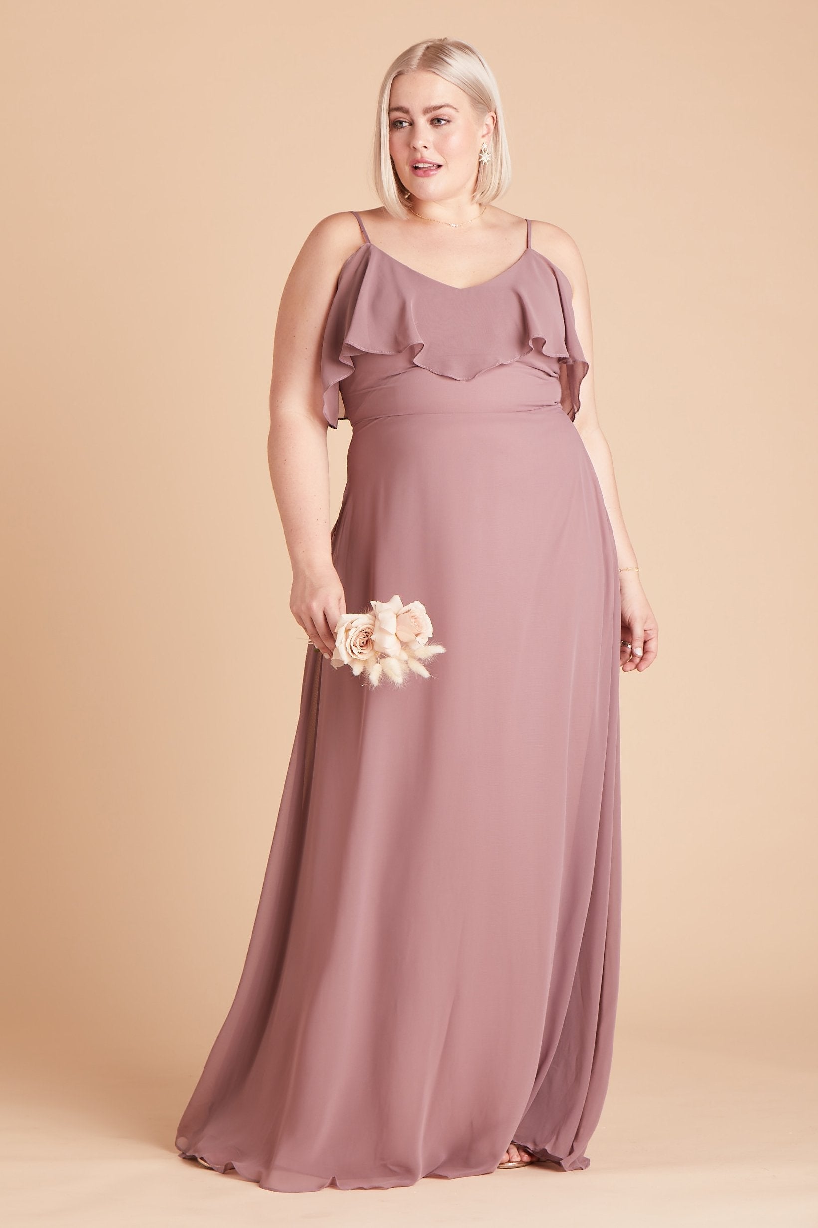 Jane convertible plus size bridesmaid dress in dark mauve chiffon by Birdy Grey, front view