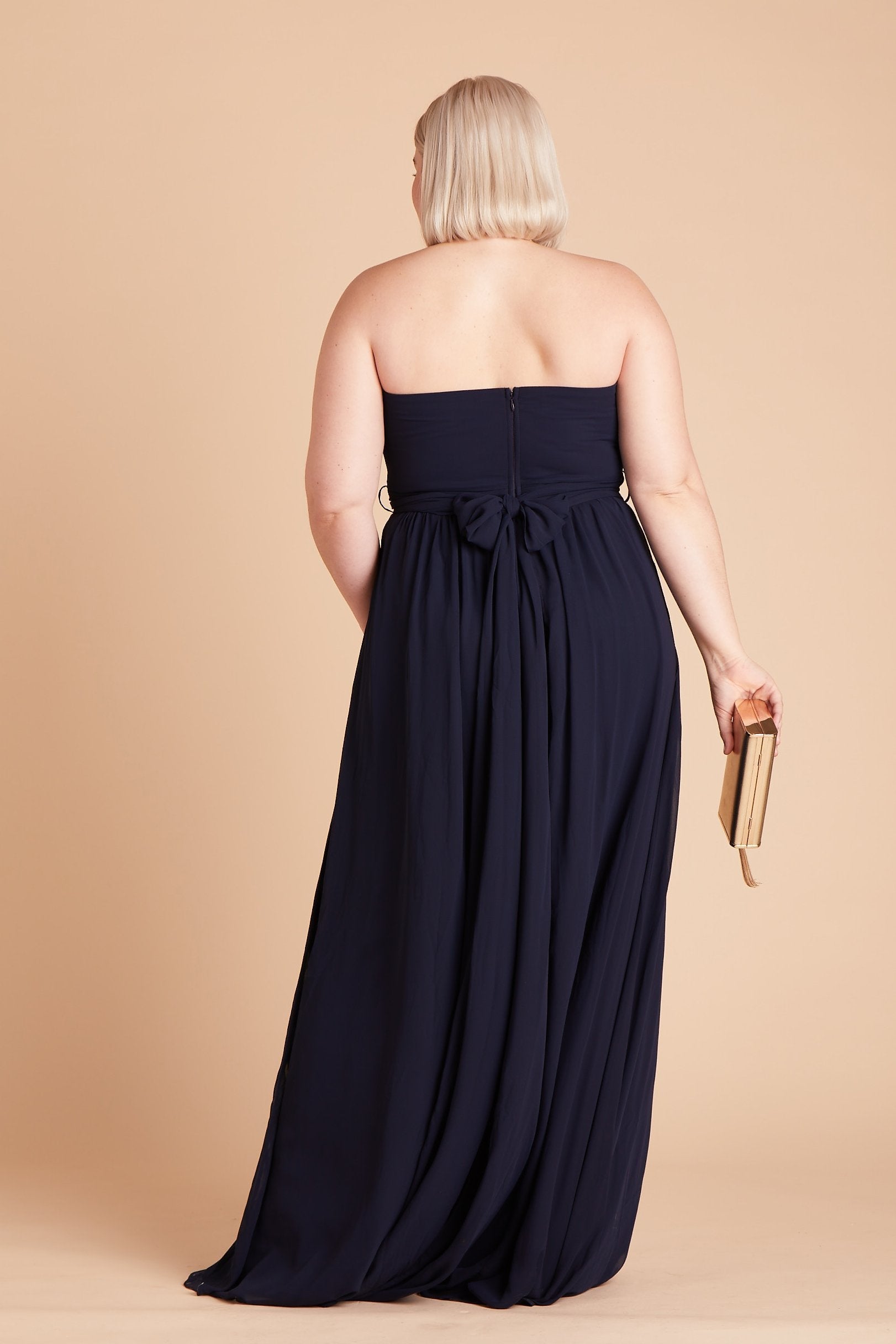 Grace convertible plus size bridesmaid dress in navy blue chiffon by Birdy Grey, back view