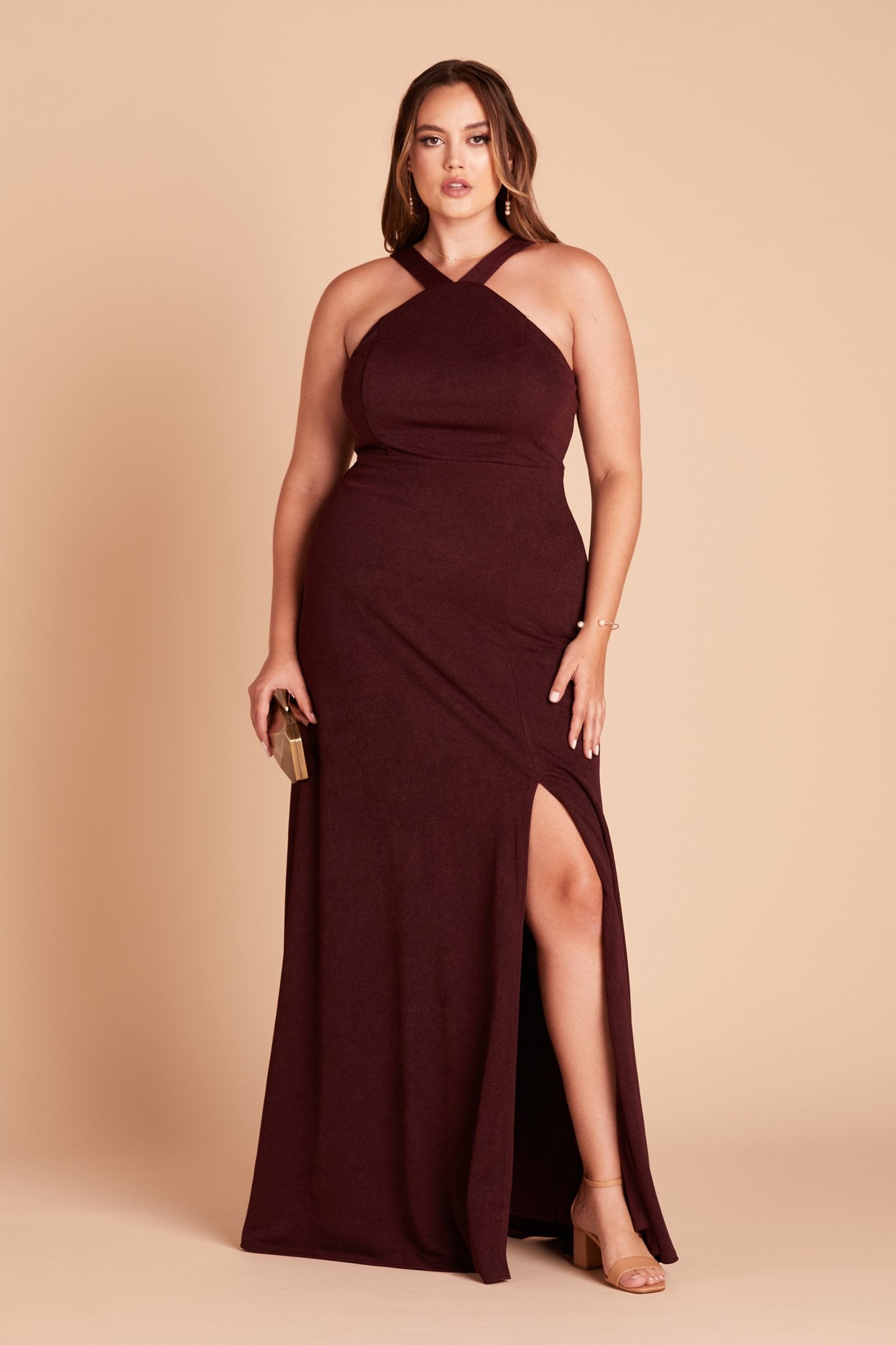 Gene plus size bridesmaid dress with slit in cabernet burgundy crepe by Birdy Grey, front view