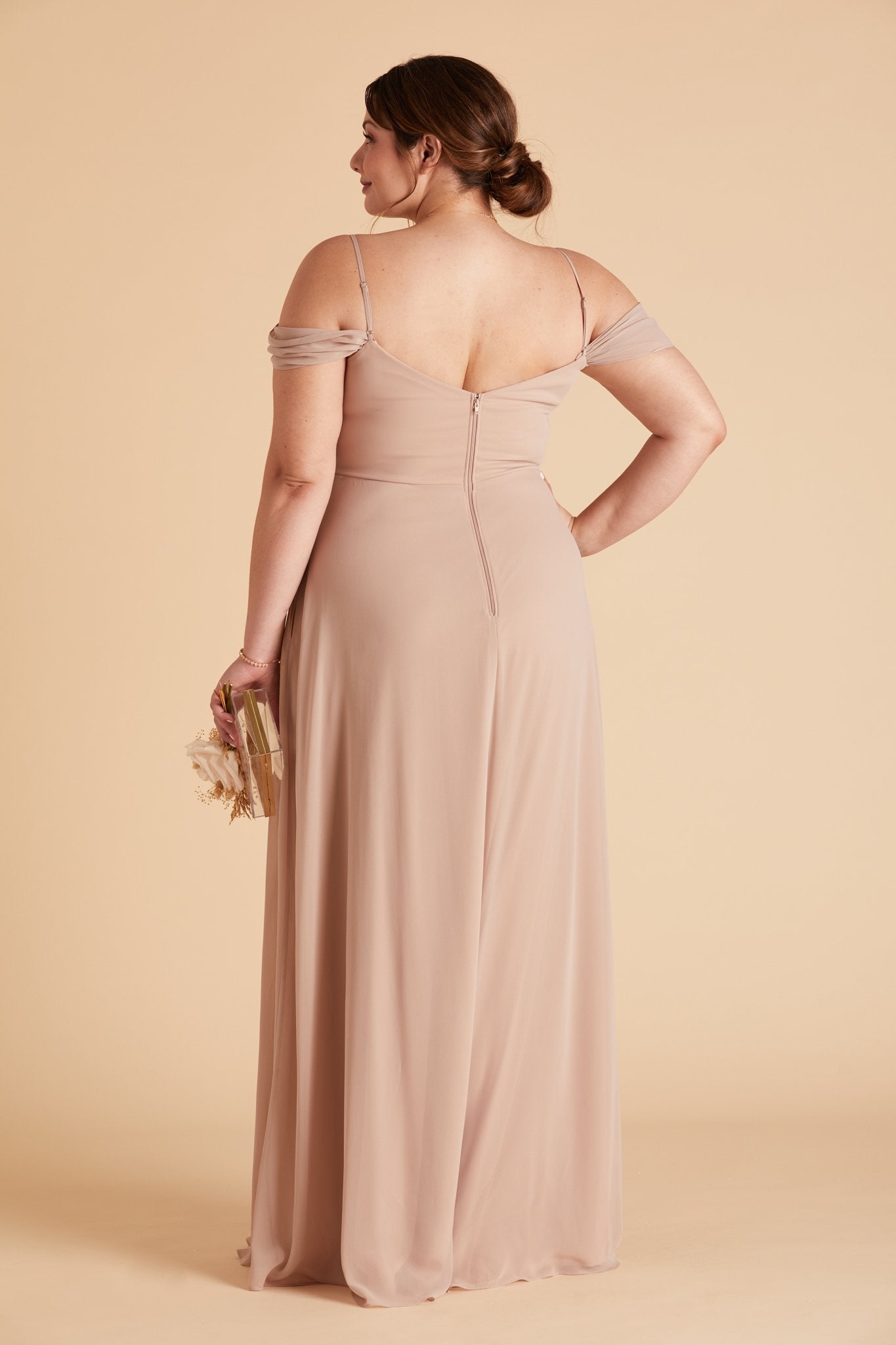 Devin convertible plus size bridesmaids dress in taupe chiffon by Birdy Grey, back view