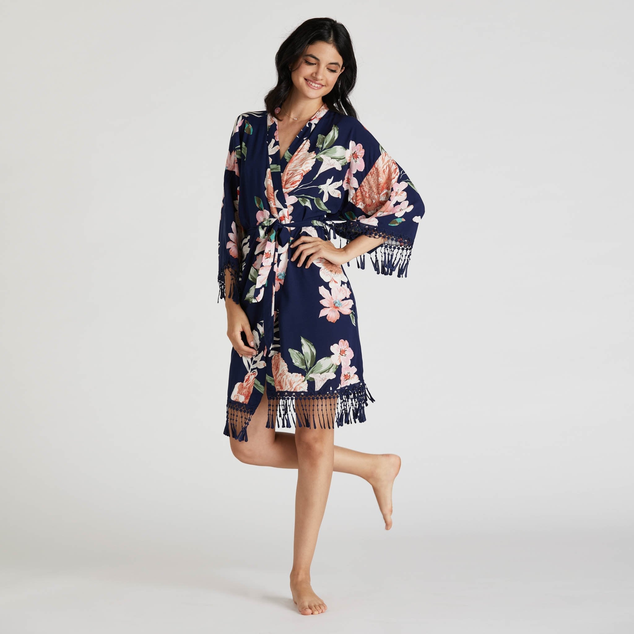 Floral Tassel Robe in navy blue by Birdy Grey, front view