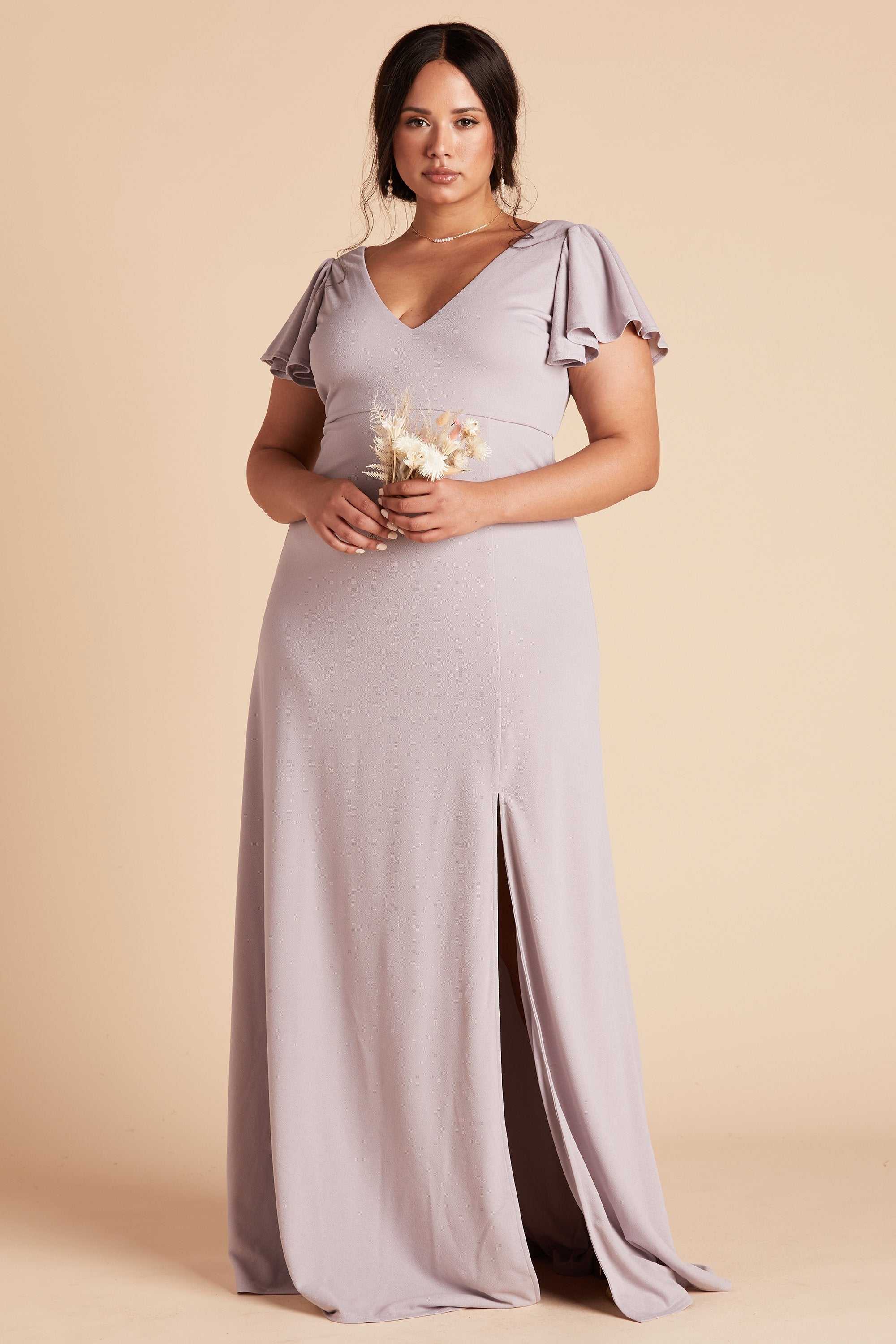 Hannah plus size bridesmaid dress with slit in lilac purple crepe by Birdy Grey, front view