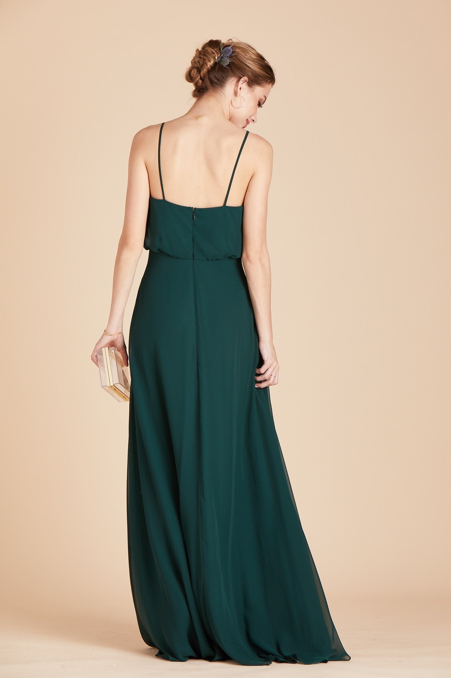 Gwennie bridesmaid dress in emerald green chiffon by Birdy Grey, back view