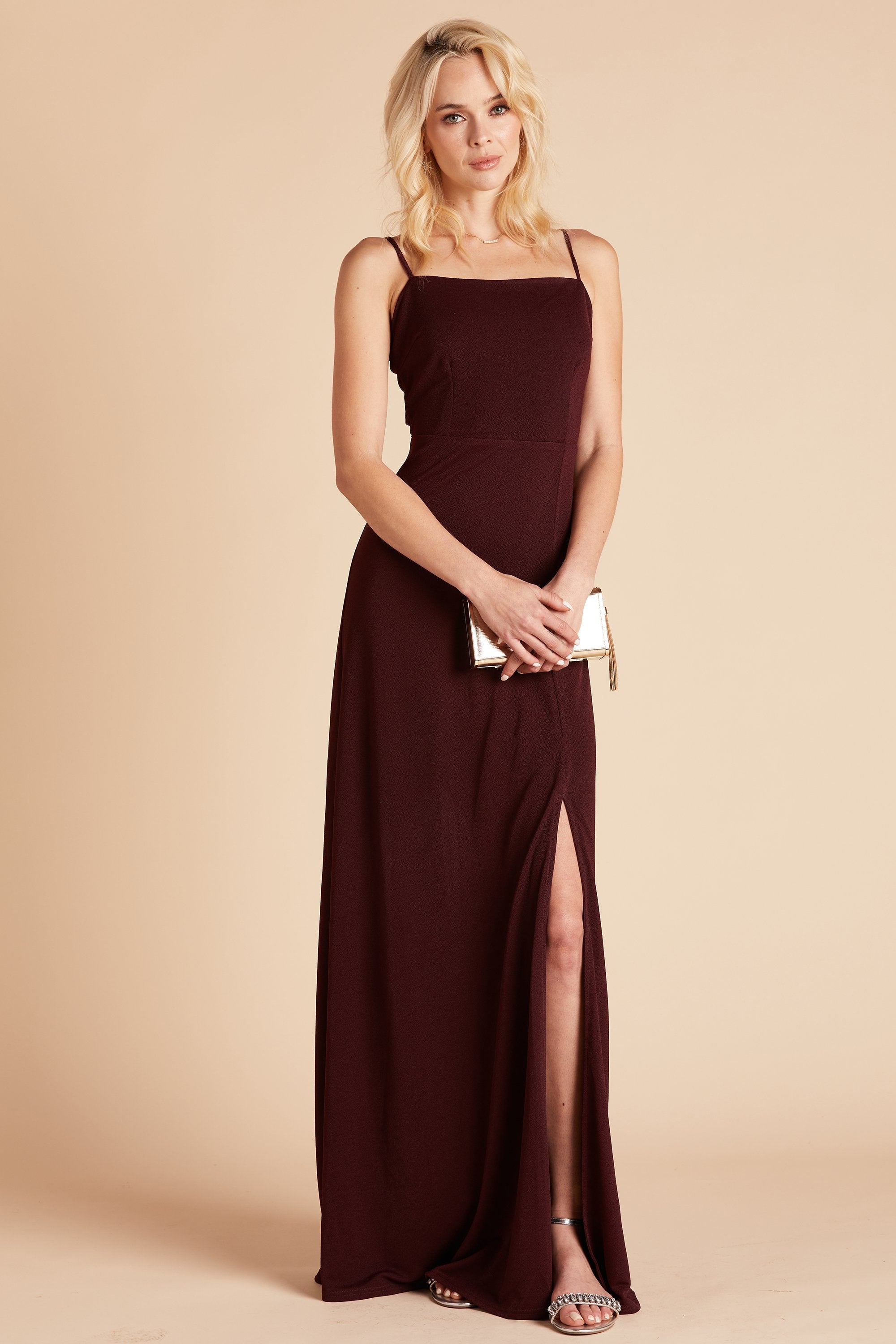 Benny bridesmaid dress with slit in cabernet burgundy crepe by Birdy Grey, front view