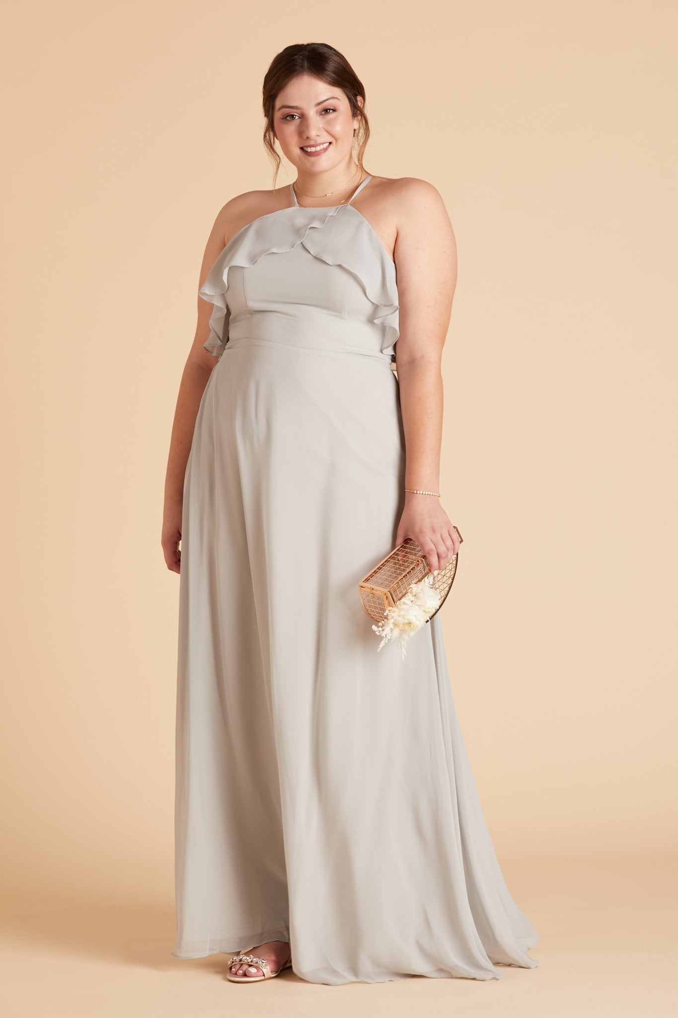 Jules plus size bridesmaid dress in dove gray chiffon by Birdy Grey, front view