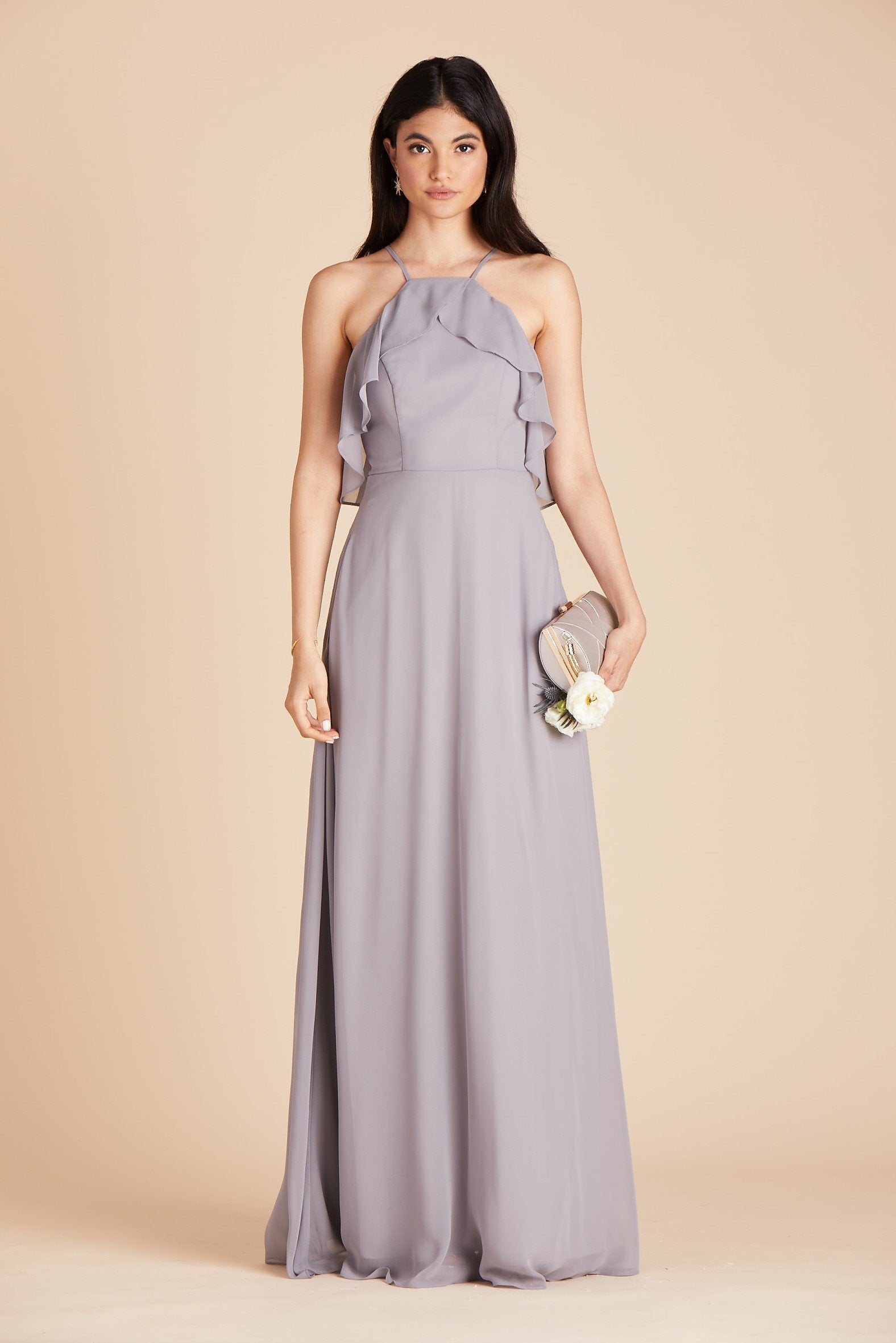 Jules bridesmaid dress in silver chiffon by Birdy Grey, front view