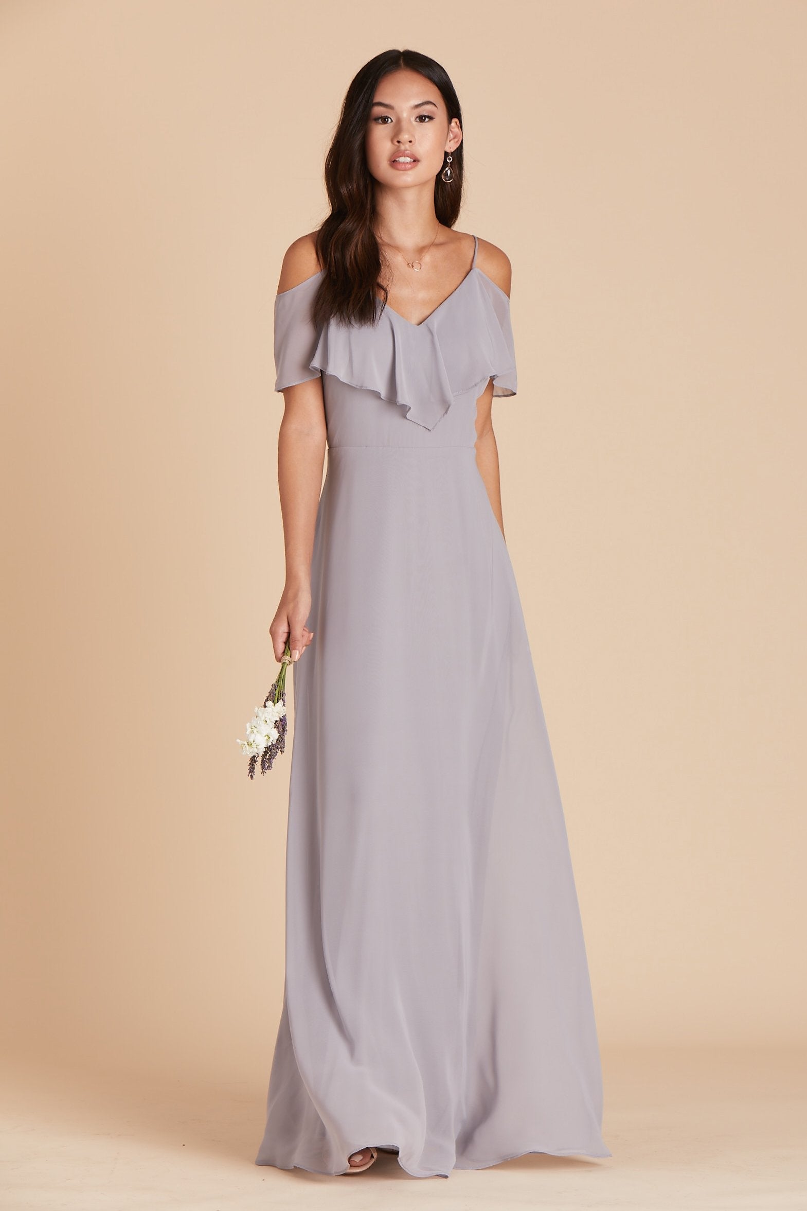 Jane convertible bridesmaid dress in silver chiffon by Birdy Grey, front view