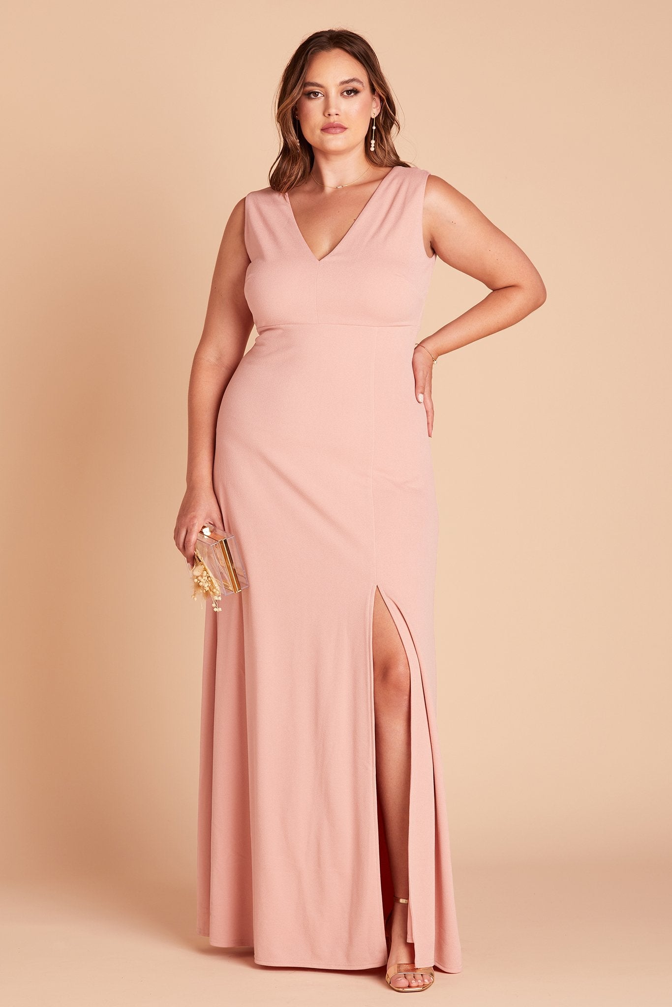 Shamin plus size bridesmaid dress with slit in rose quartz crepe by Birdy Grey, front view