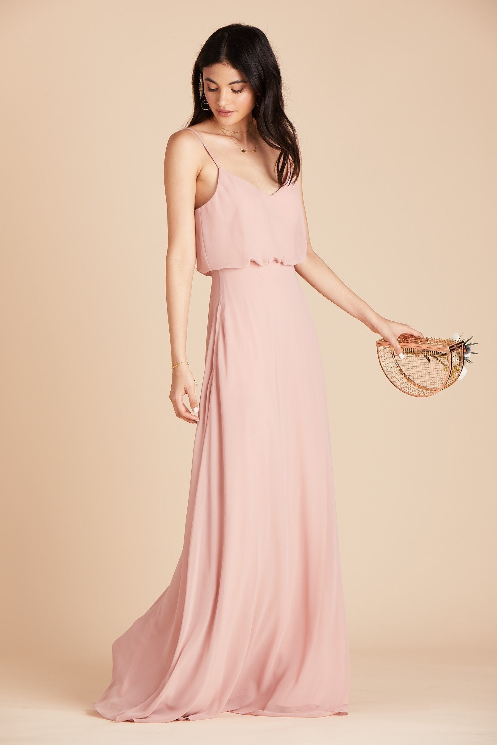 Gwennie bridesmaid dress in dusty rose chiffon by Birdy Grey, side view