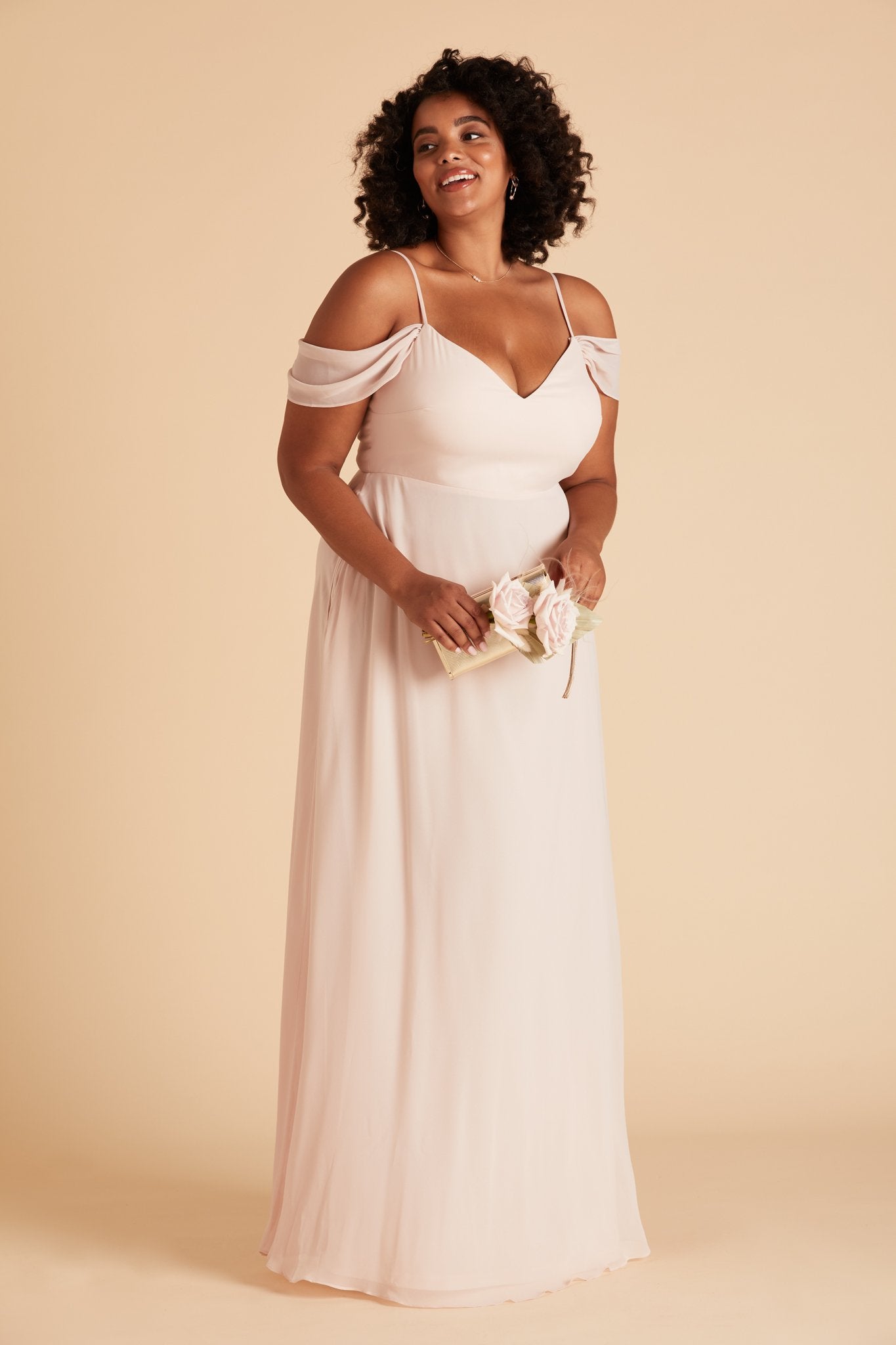 Devin convertible plus size bridesmaids dress in pale blush chiffon by Birdy Grey, front view