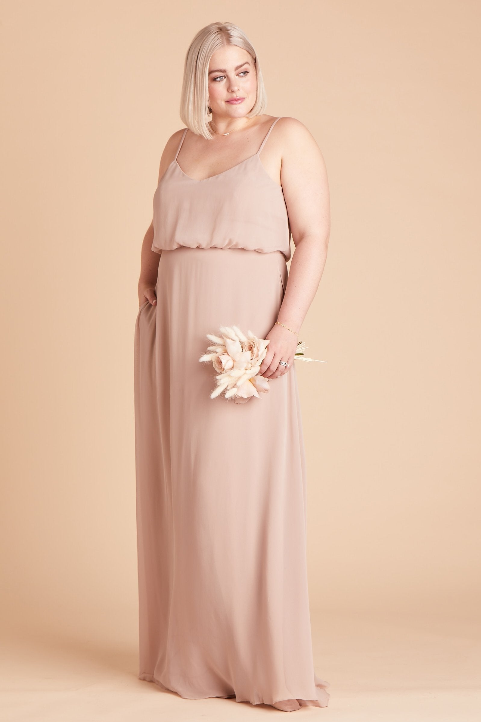 Gwennie plus size bridesmaid dress in taupe chiffon by Birdy Grey, front view